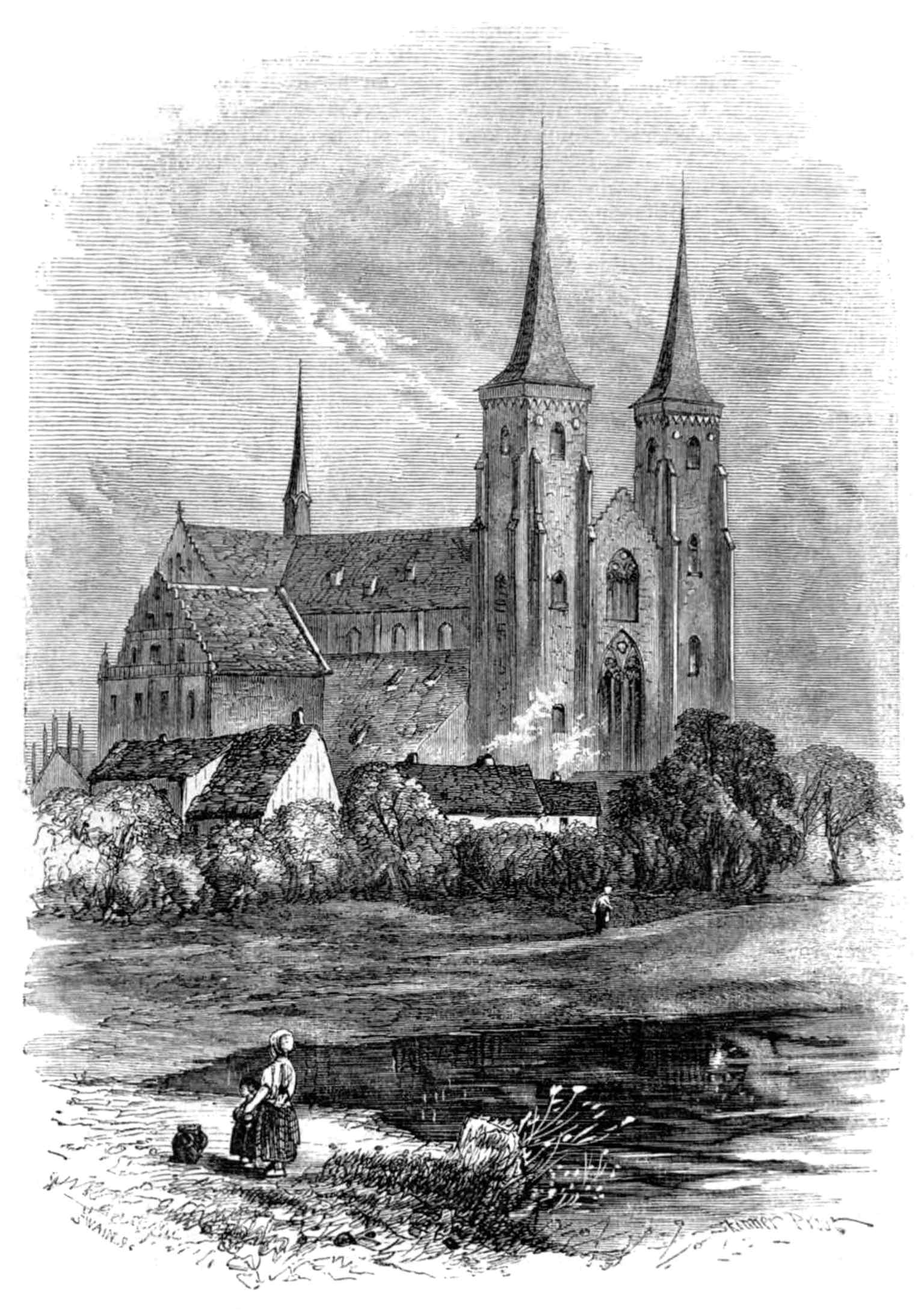 This 1862 illustration from a travel article depicts Roskilde Cathedral, a major tourist attraction bringing in over 165,000 visitors annually.