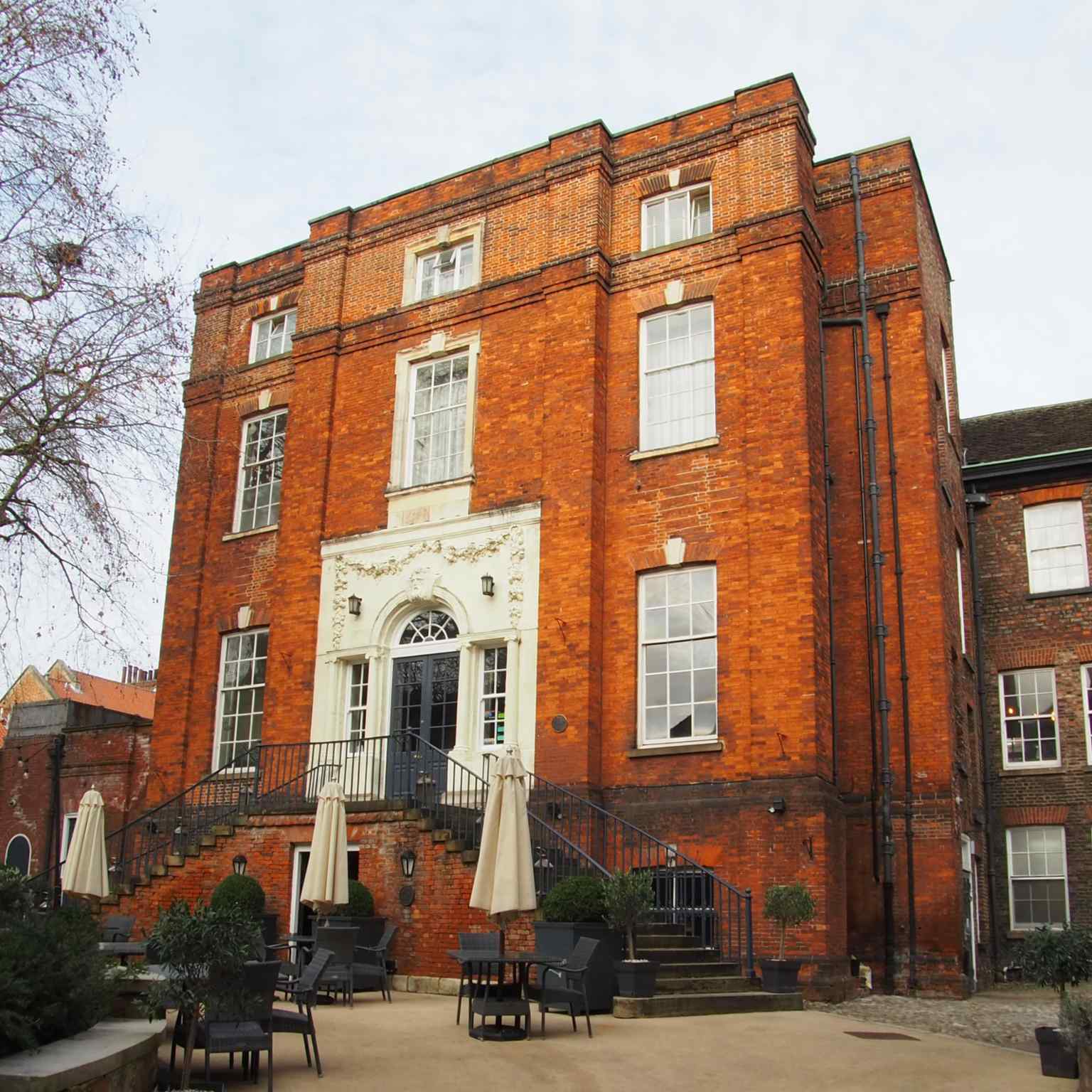 The beautiful Grade One listed Judges' Lodgings, featuring the iconic front steps added in the nineteenth century (2023).
