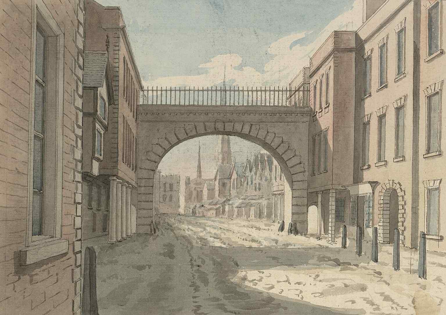 A historic illustration of Eastgate from Thomas Pennant’s 18th-century travel volume, echoing the era when the gateway was rebuilt as an elegant arch.