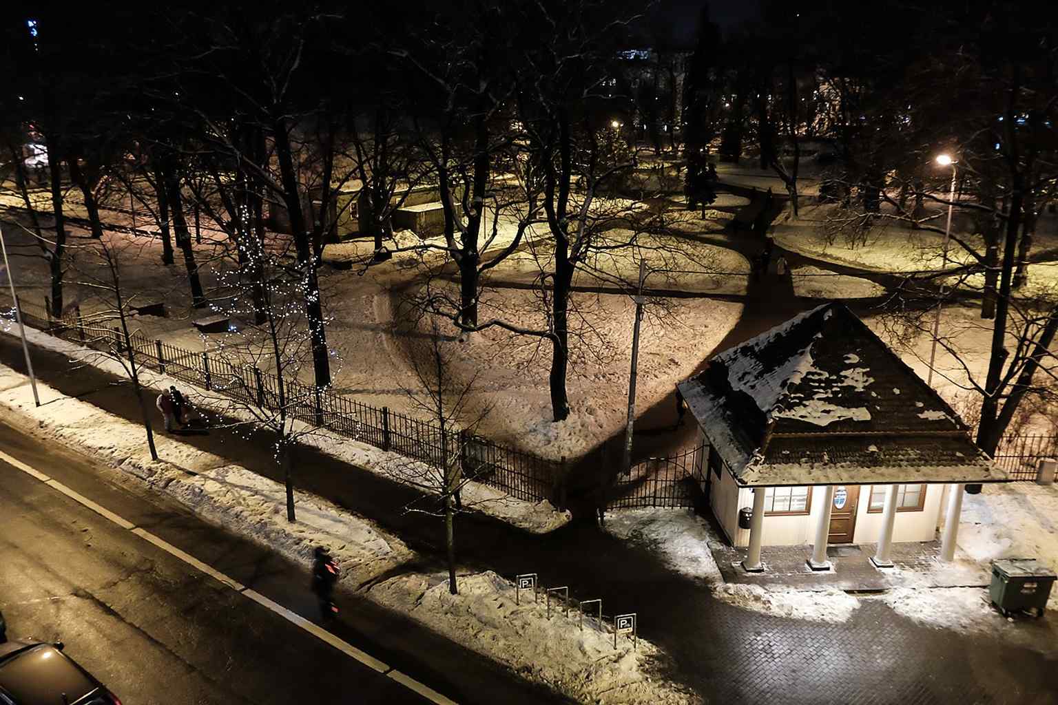 The garden at night, showing the illuminated public park that grew from Wöhrmann Park into a lasting city landmark.