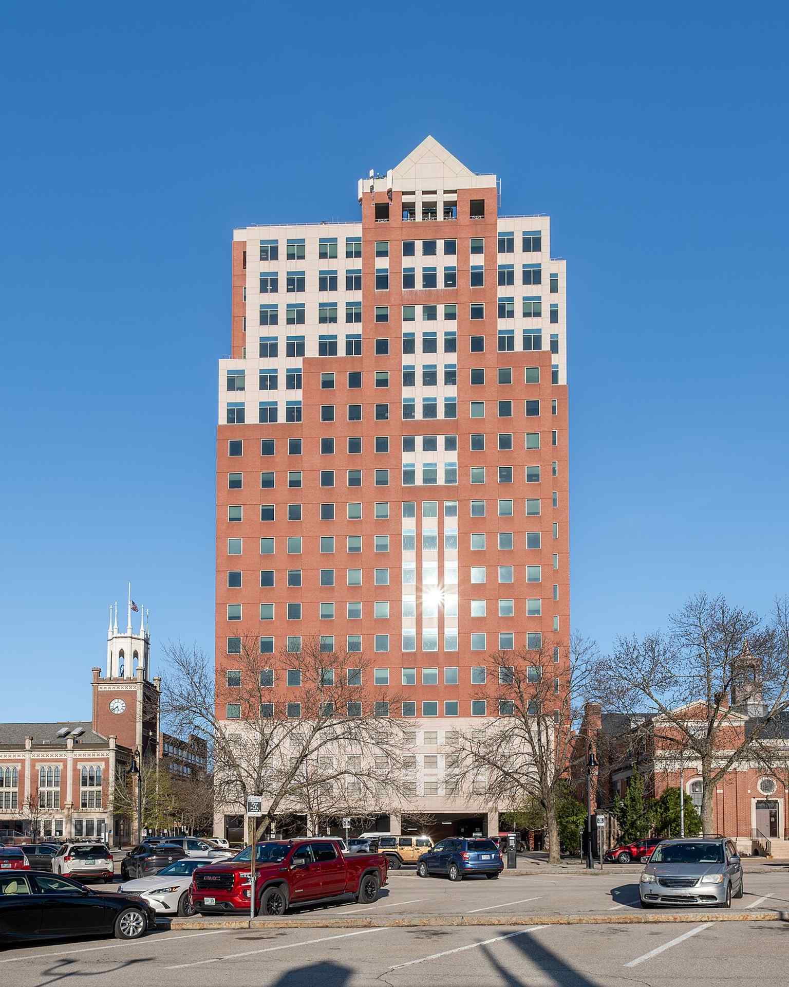 City Hall Plaza rises above downtown Manchester — since 1992 it has been the tallest building in New Hampshire.