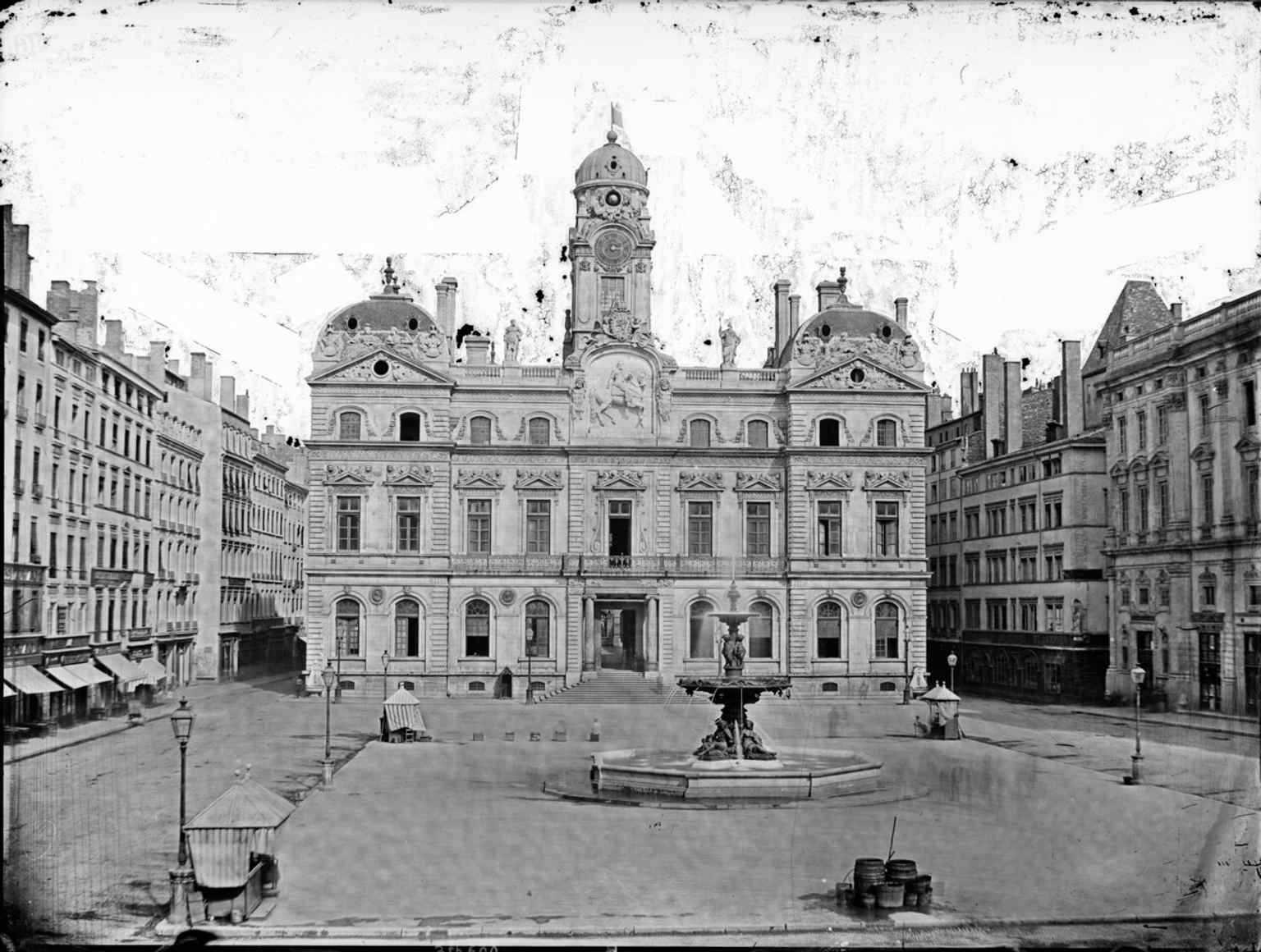 A rare 1859 look east across the square, showing the Hôtel de Ville and the urban changes that widened access to Terreaux.