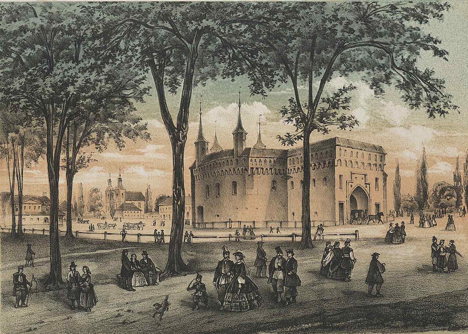 Eine moderne Weitwinkelansicht der Krakauer Barbakane in der Altstadt, die ihr Überleben als Wahrzeichen und Museumsstück unterstreicht.