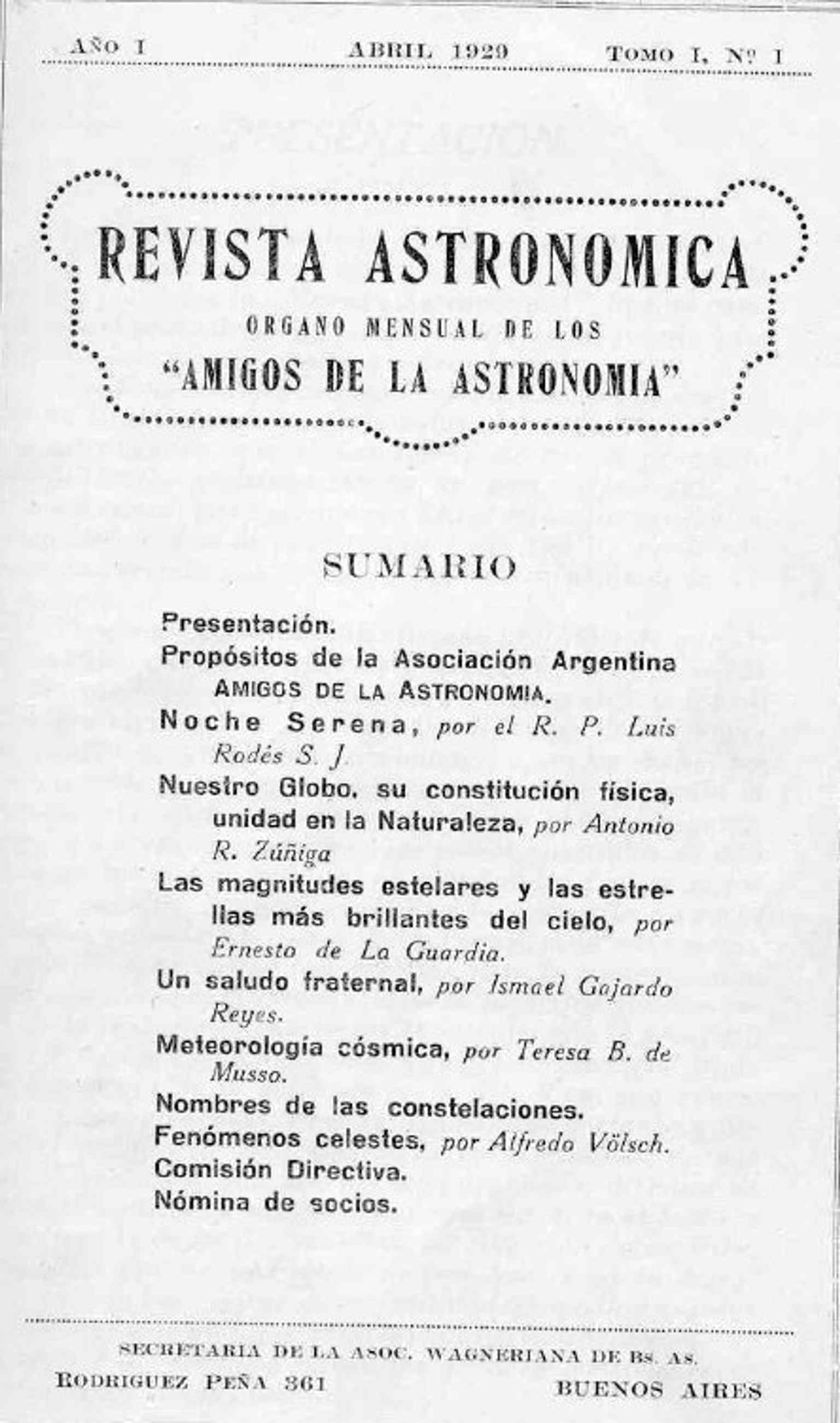 The cover of the first 'Revista Astronómica' from 1929, which published articles by members like Ernesto Sabato and was awarded the Santa Clara de Asís prize in 2006.