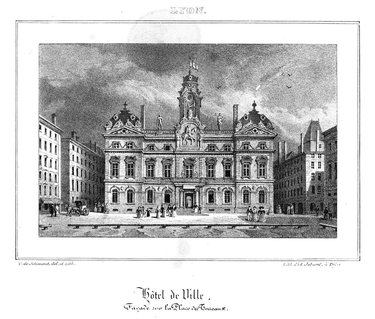 An 1832 engraving of the façade facing Place des Terreaux, showing how the city hall looked in the 19th century.