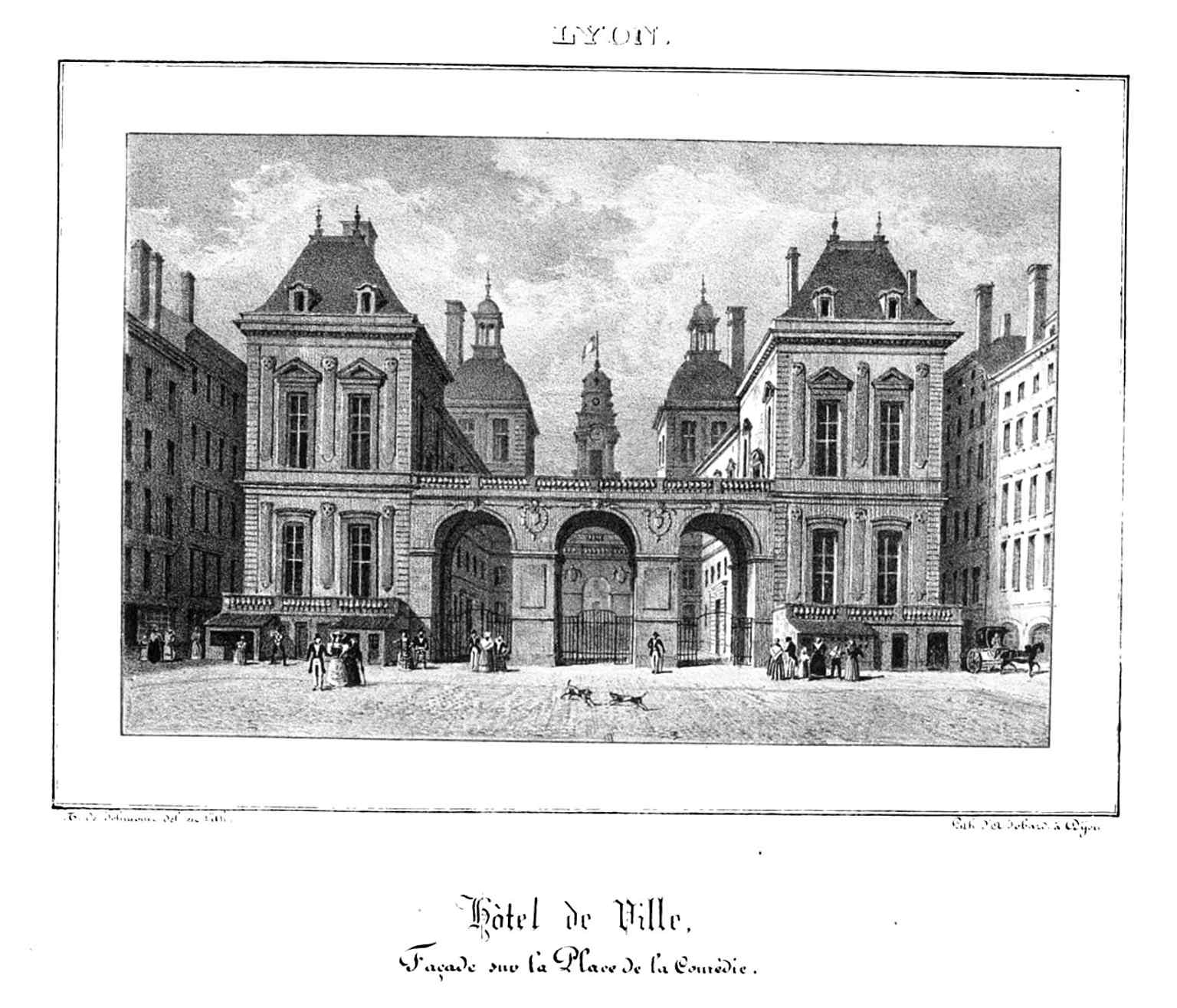 Historic engraving of the façade toward Place de la Comédie, matching the building’s position opposite the opera and square.