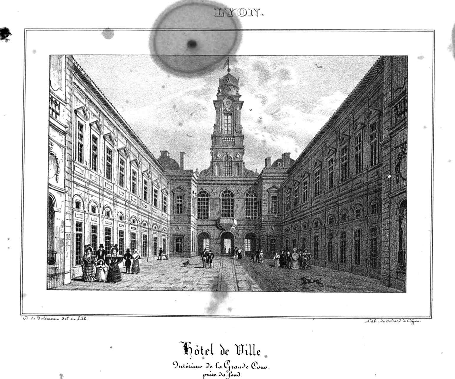 Interior courtyard engraving from 1832, showing the grand central court that organized the palace-like town hall.