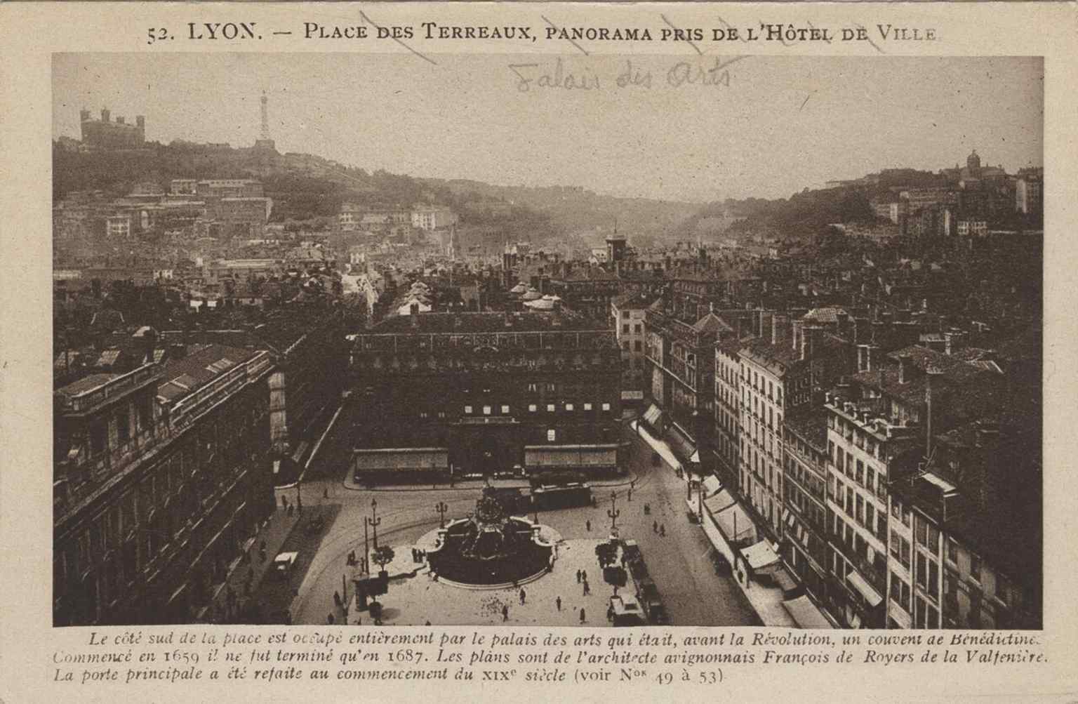 A 1910 view over Place des Terreaux with the museum at left and Bartholdi’s fountain nearby, showing the landmark in its urban setting.