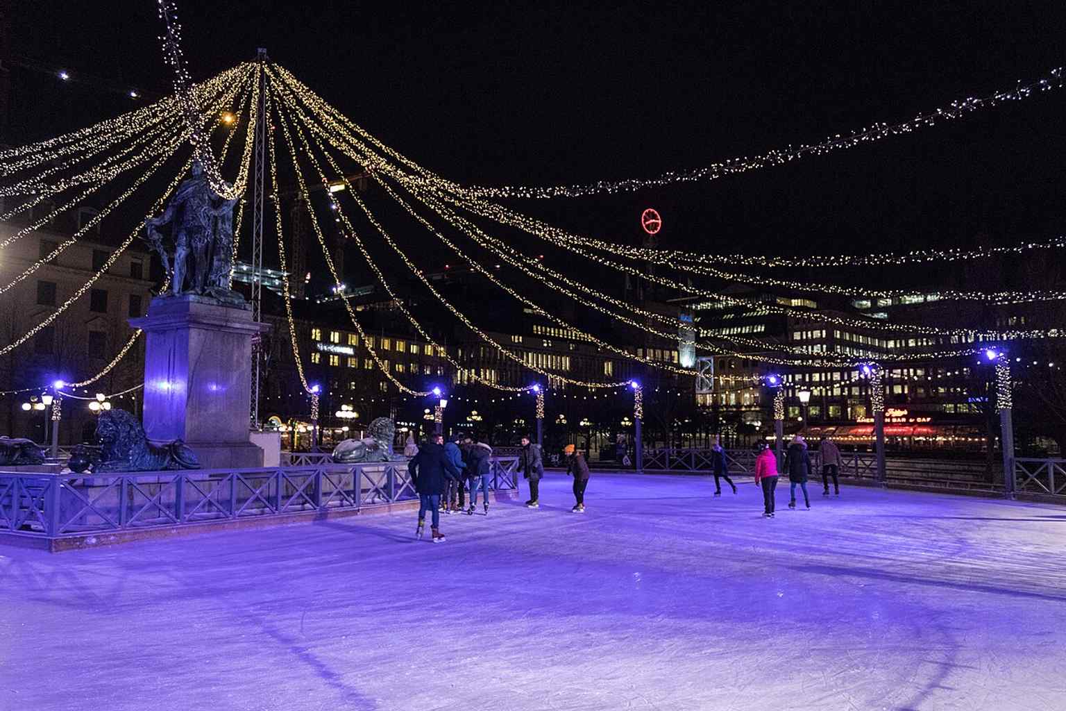 Kungsträdgården transforms into a popular ice rink during the winter months, offering a festive activity for Stockholmers.