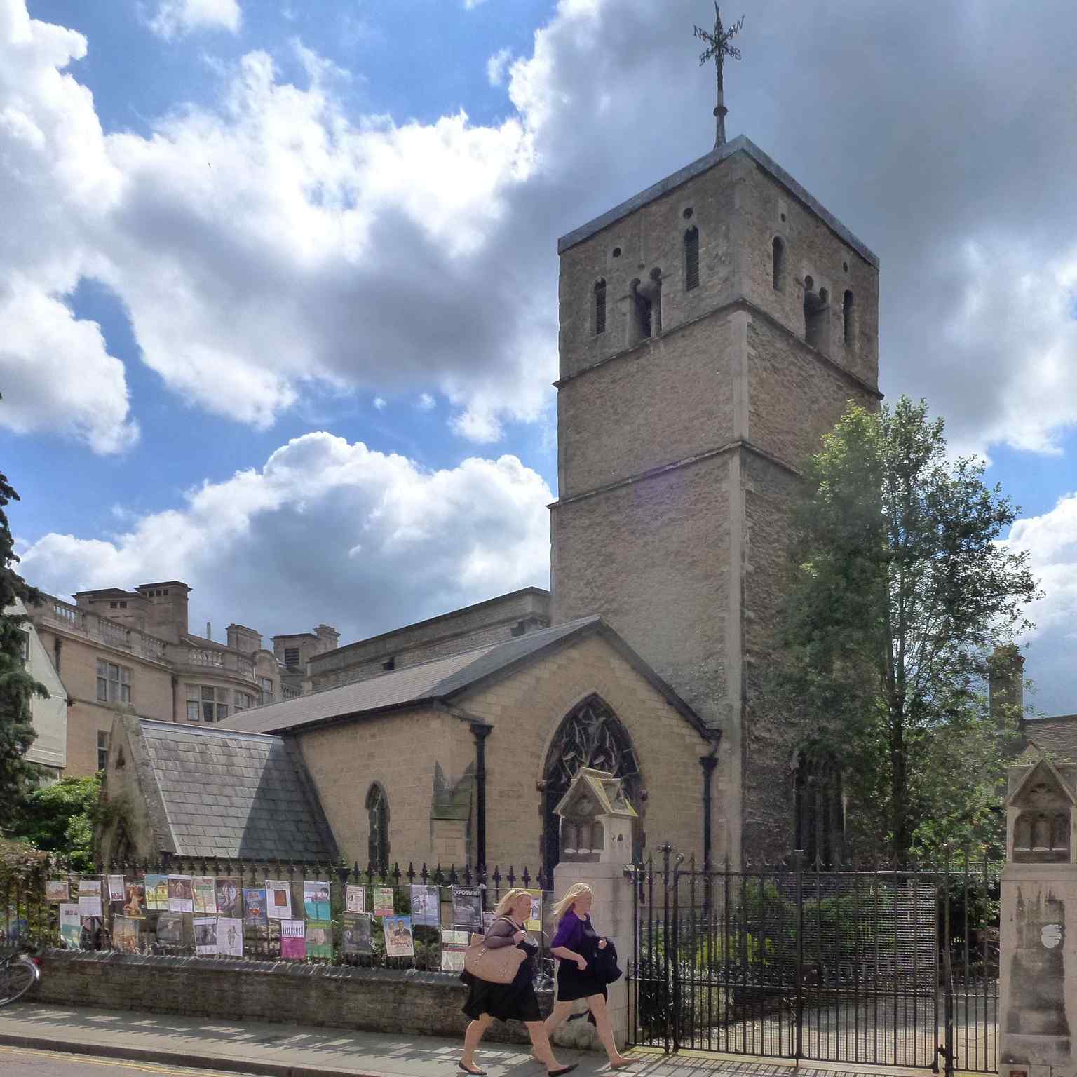 This view of St Bene't's Church highlights its Anglo-Saxon tower, built between AD 1000–1050, making it the oldest church in Cambridgeshire and the oldest building in Cambridge.