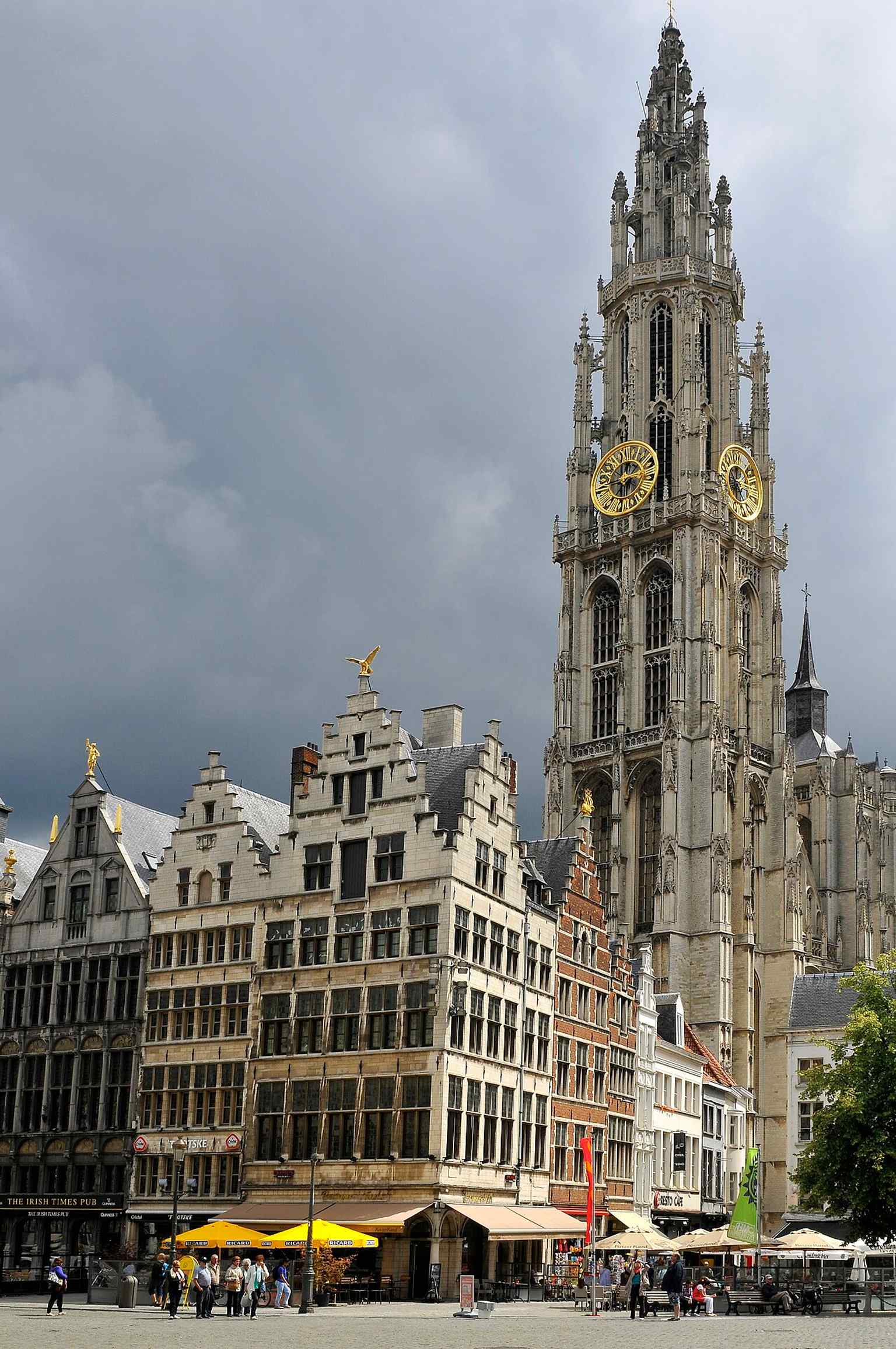 A classic view of the tower rising above Antwerp’s Grote Markt, showing how the cathedral dominates the city skyline.