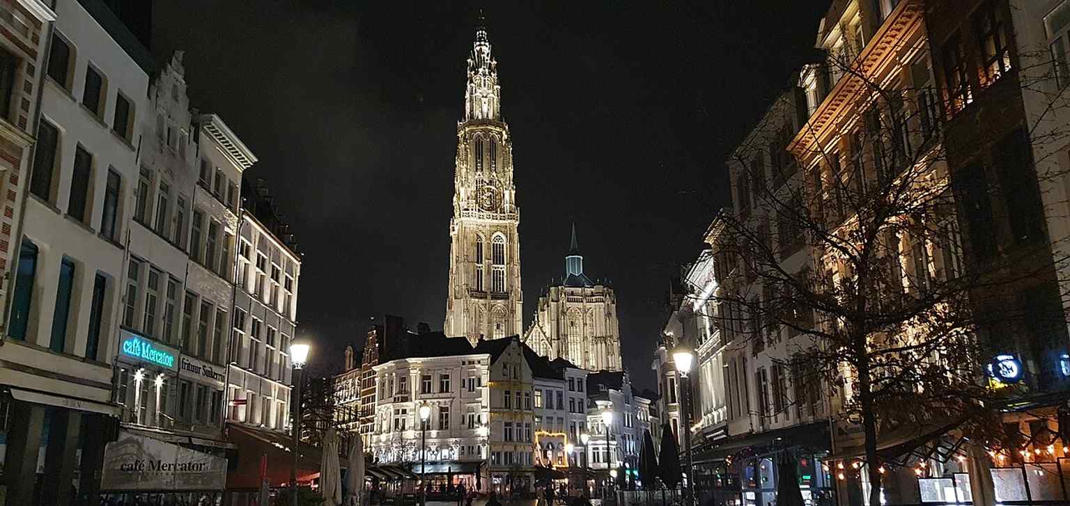 The cathedral at night, when the tower still stands out as Antwerp’s best-known Gothic silhouette.