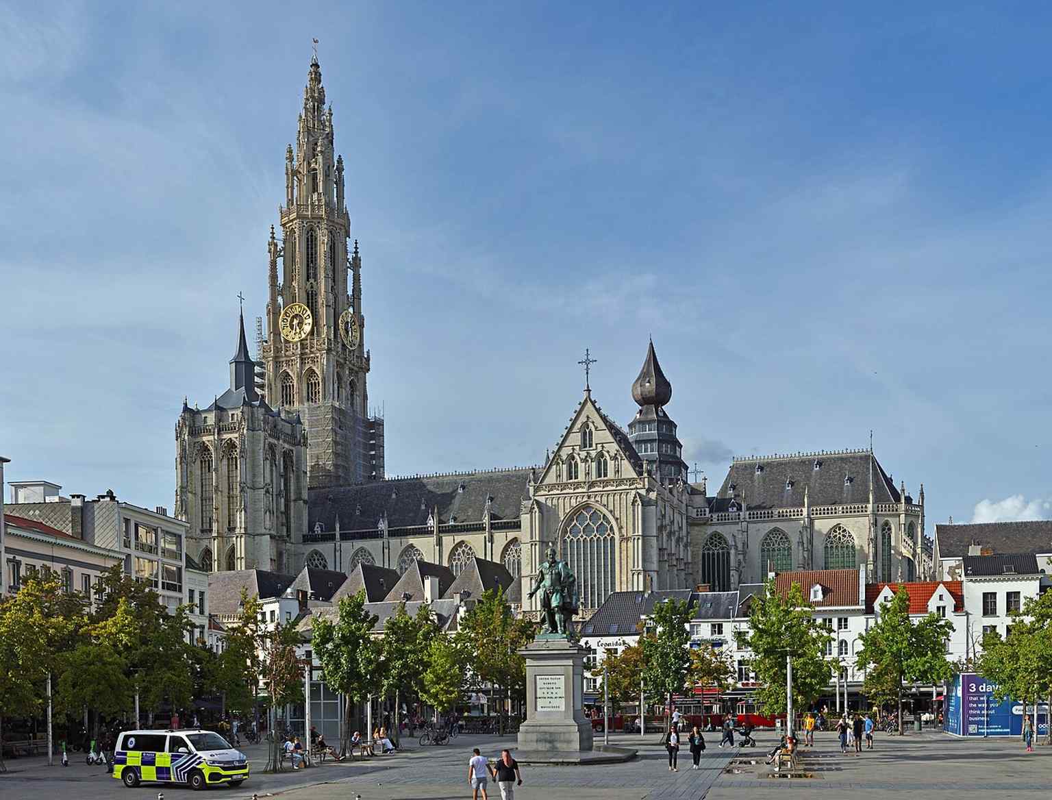 A full-frontal view of the cathedral exterior, ideal for showing the vast Gothic façade and asymmetrical silhouette.