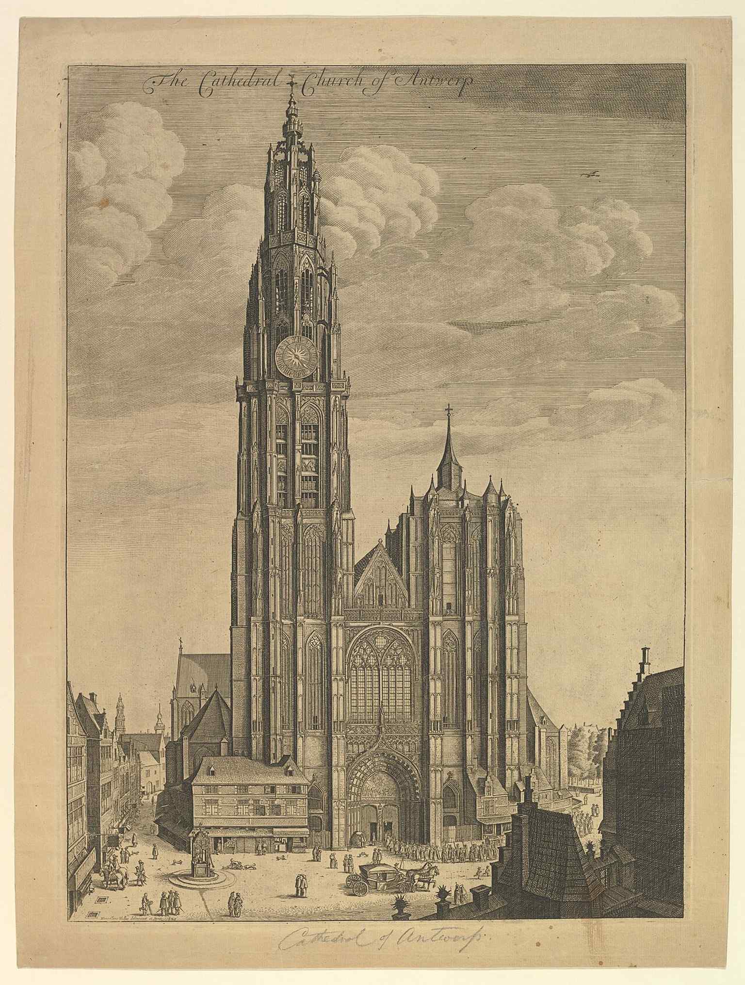 An old print of the cathedral tower, offering a historic view of Antwerp’s landmark long before modern photography.