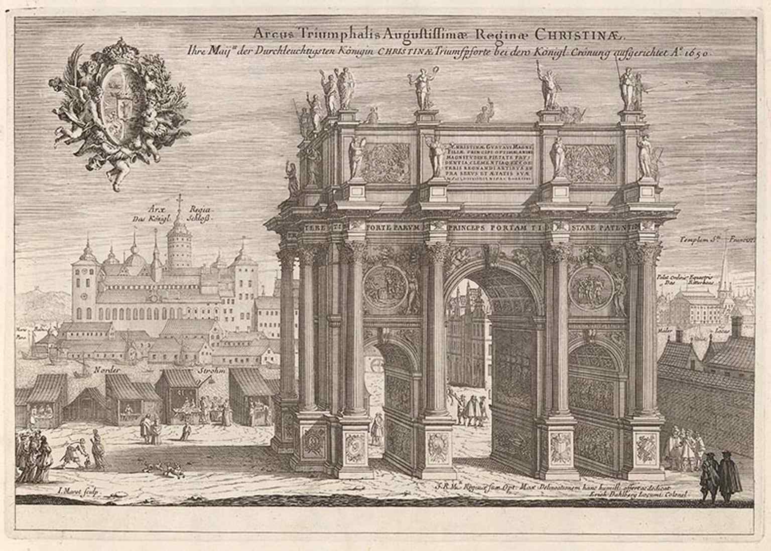 An engraved view made for Queen Christina’s coronation, showing the ceremonial Stockholm setting that once centered on Tre Kronor.