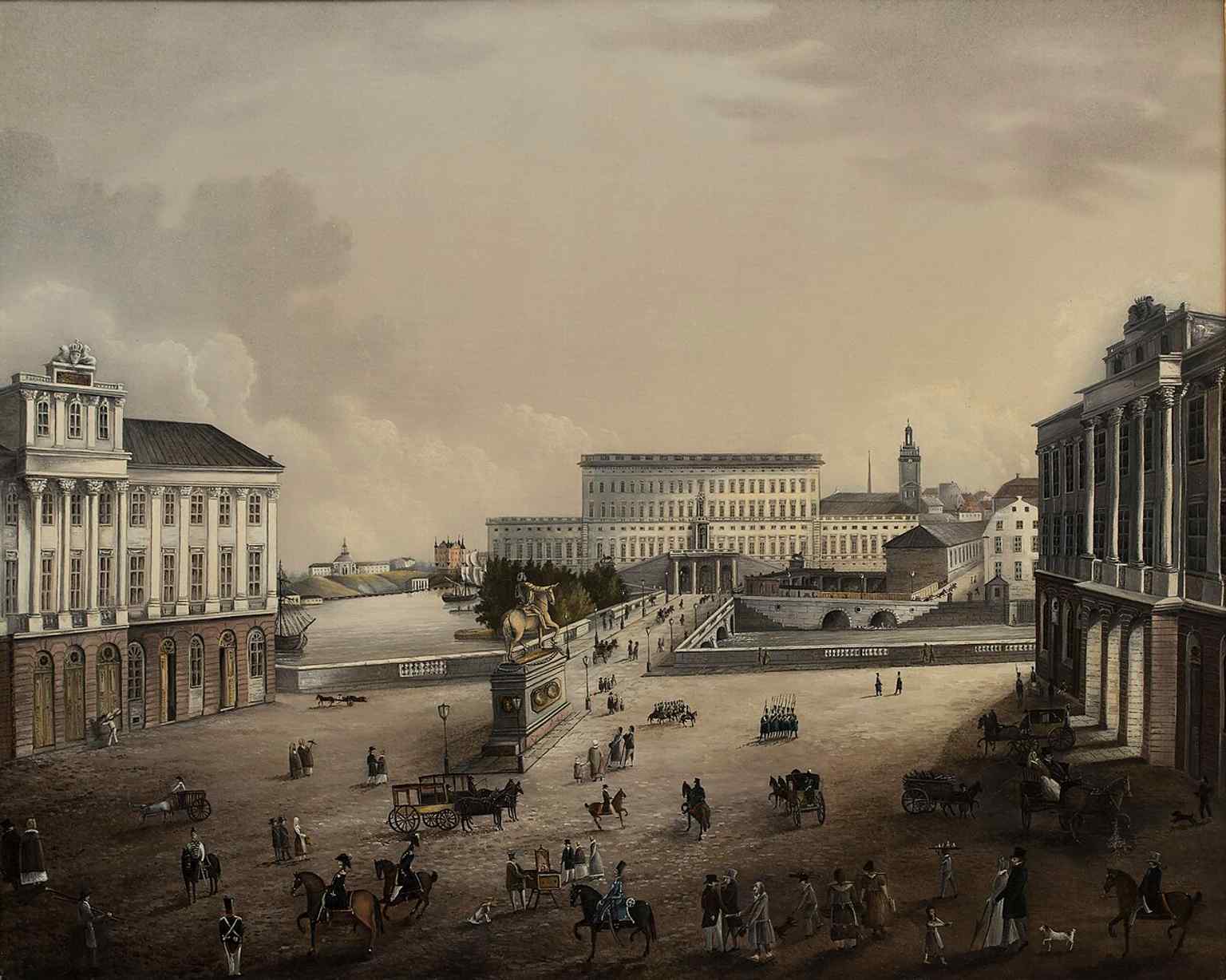 A 1862 view of Gustav Adolfs torg with Norrbro and the Norrbrobasaren, reflecting the bridge’s 19th-century life as both promenade and marketplace.