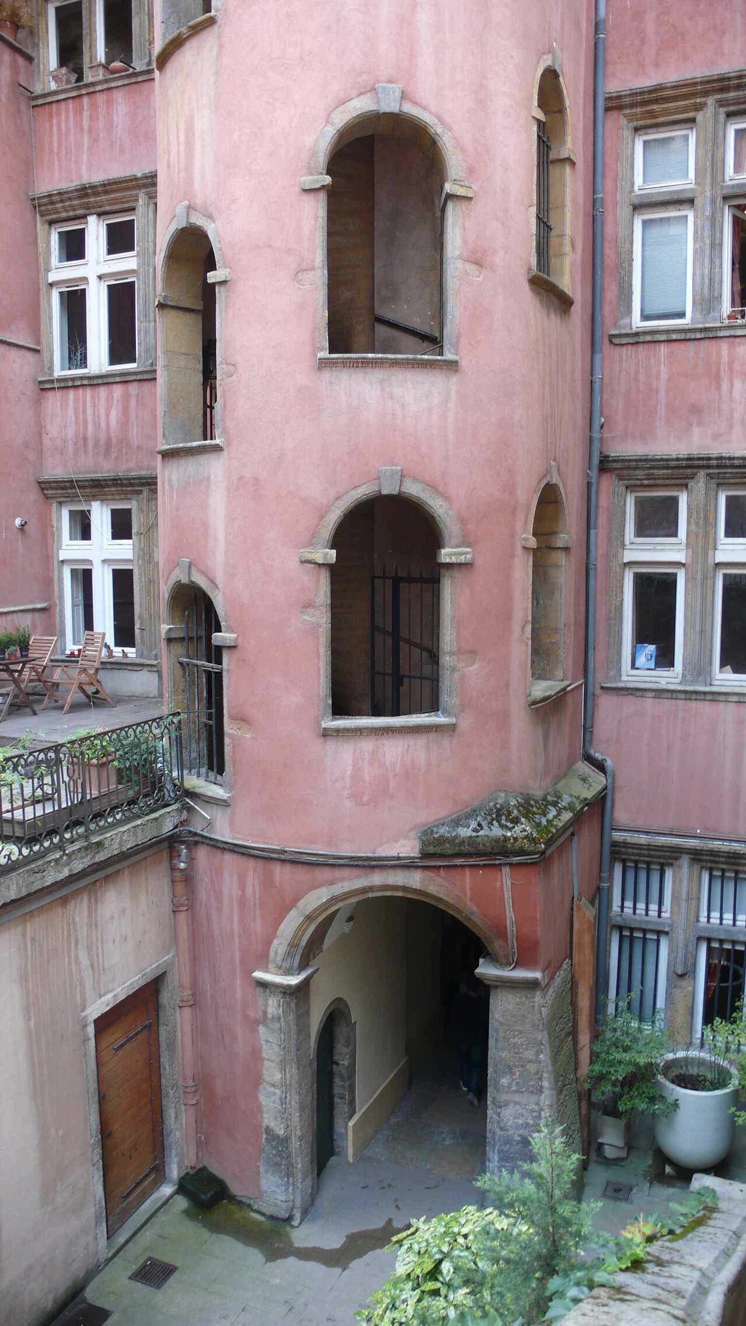 Inside the spiral stair tower — the Tour Rose is known for the staircase that gives the house its name.