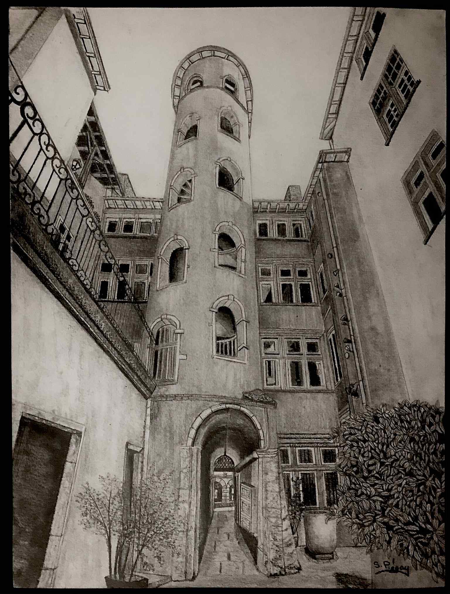 A drawn view from inside the courtyard, showing how the tower is experienced from within the house rather than from the street.
