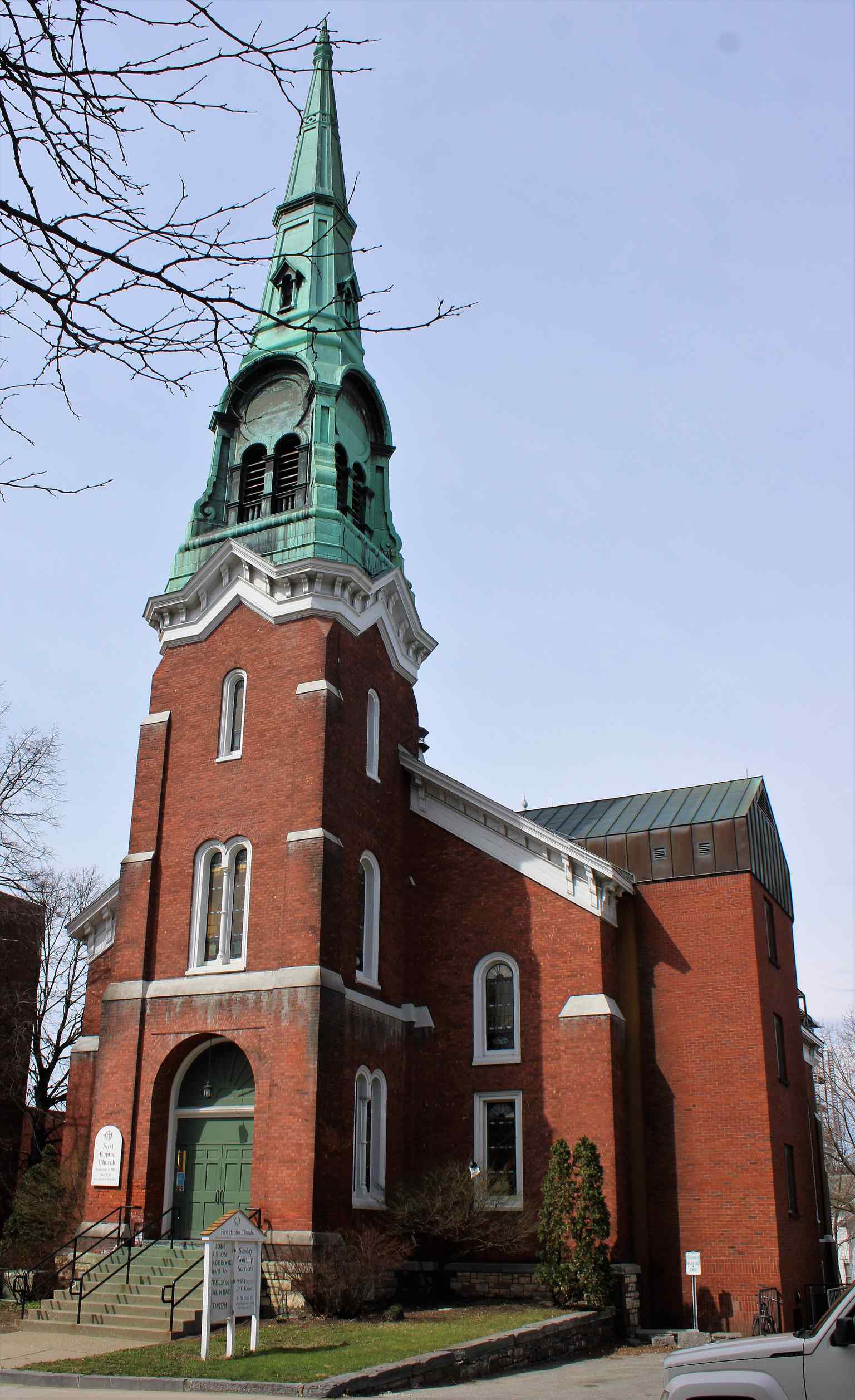 This view highlights the First Baptist Church's Italianate design, a style so modern for its time that the architect, John Stevens, had to completely overhaul the initial plans provided by the church committee.
