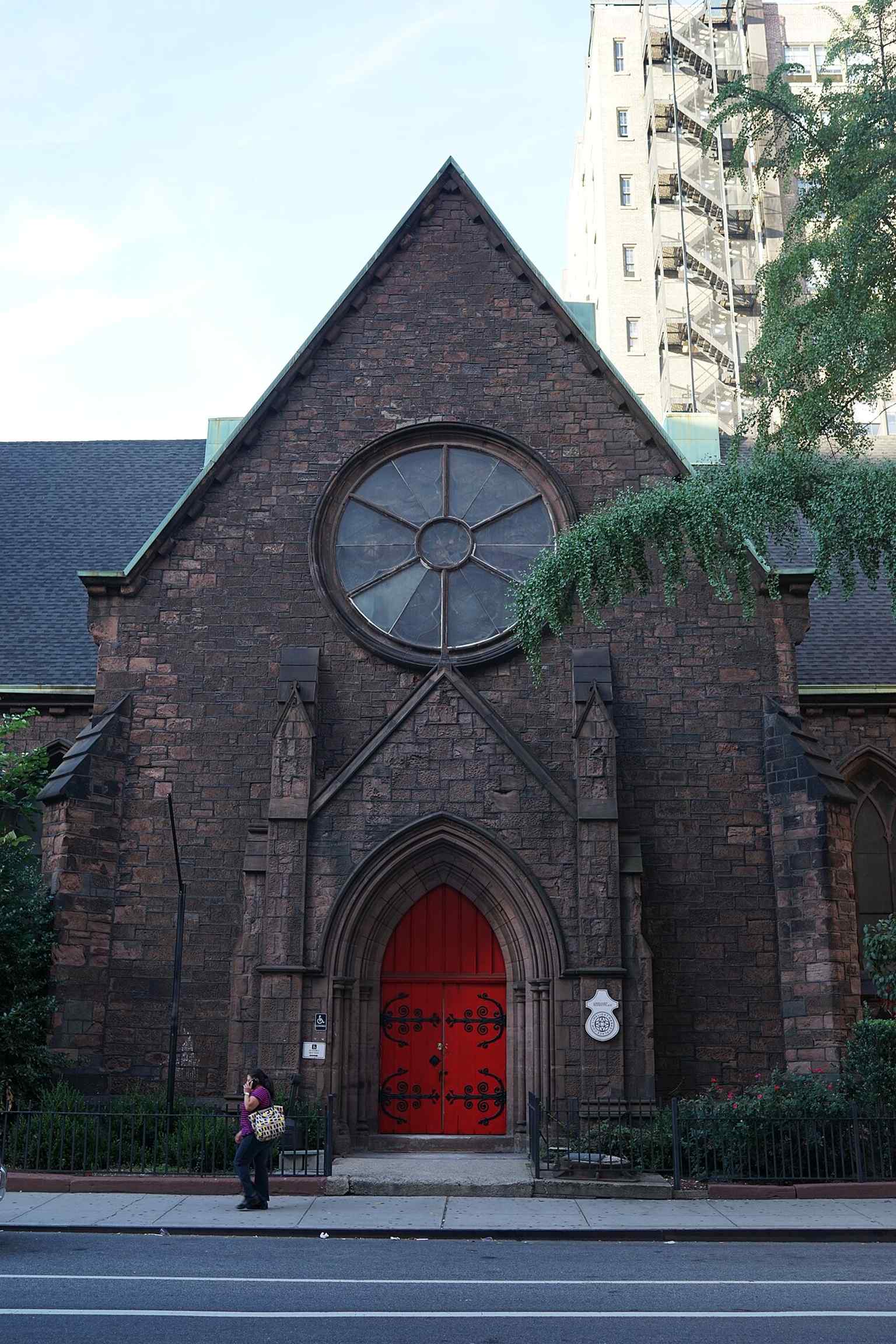 The pointed church portal highlights the medieval-inspired Gothic style William Muhlenberg and Richard Upjohn chose to express the building’s Christian identity.