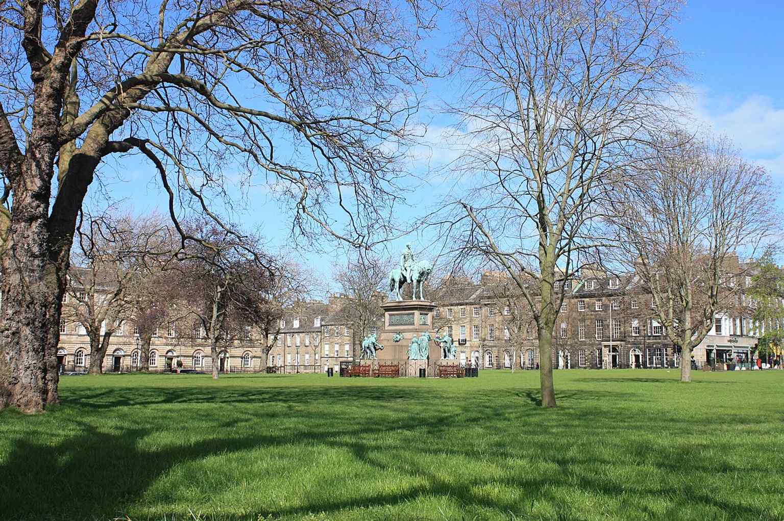 A wide view of Charlotte Square from the southwest, showing the elegant New Town crescent-like layout that was meant to mirror St Andrew Square.