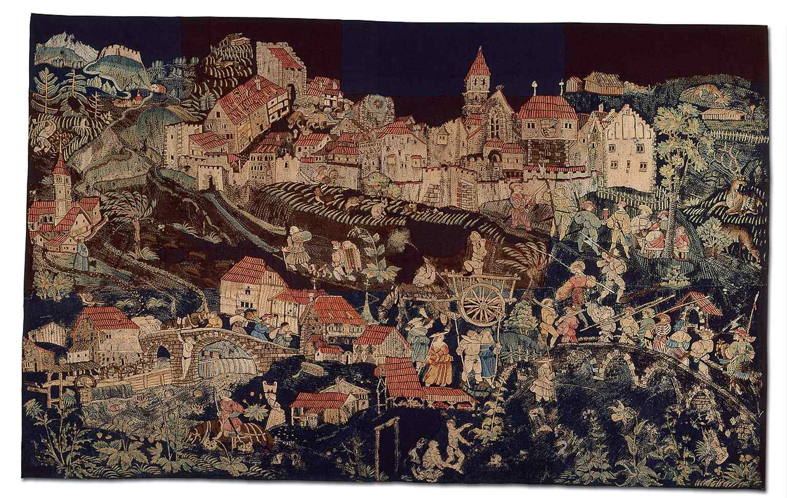 A large embroidered tapestry from the museum’s textile holdings, echoing its rich collection of late medieval and Renaissance crafts.