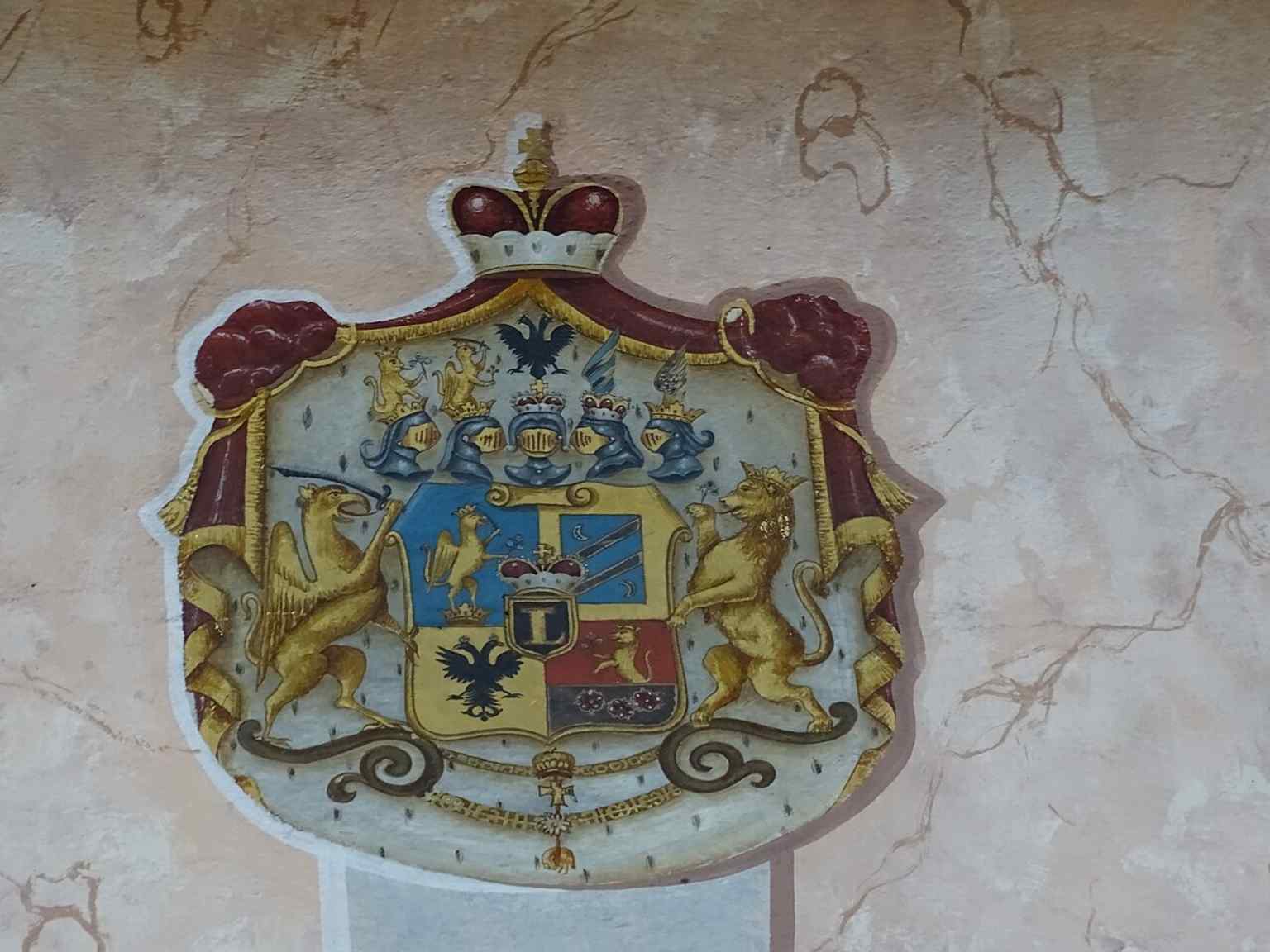 The family coat of arms inside the church, reflecting the Esterházy patronage behind the Bergkirche’s creation.