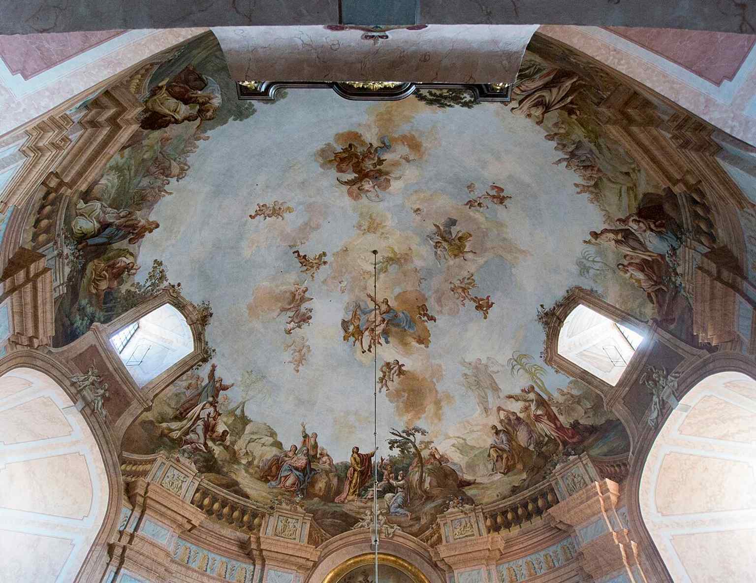 The ceiling painting in the dome — one of the church’s most important artworks, created in the 18th-century interior decoration.