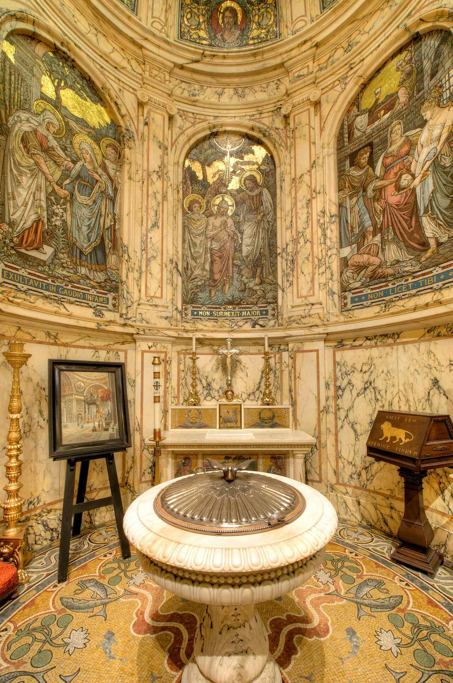 The Baptistery's front view, showcasing mosaics designed by Heaton, Butler & Bayne depicting scenes from John the Baptist's life, created using Tiffany's opalescent Favrile glass.