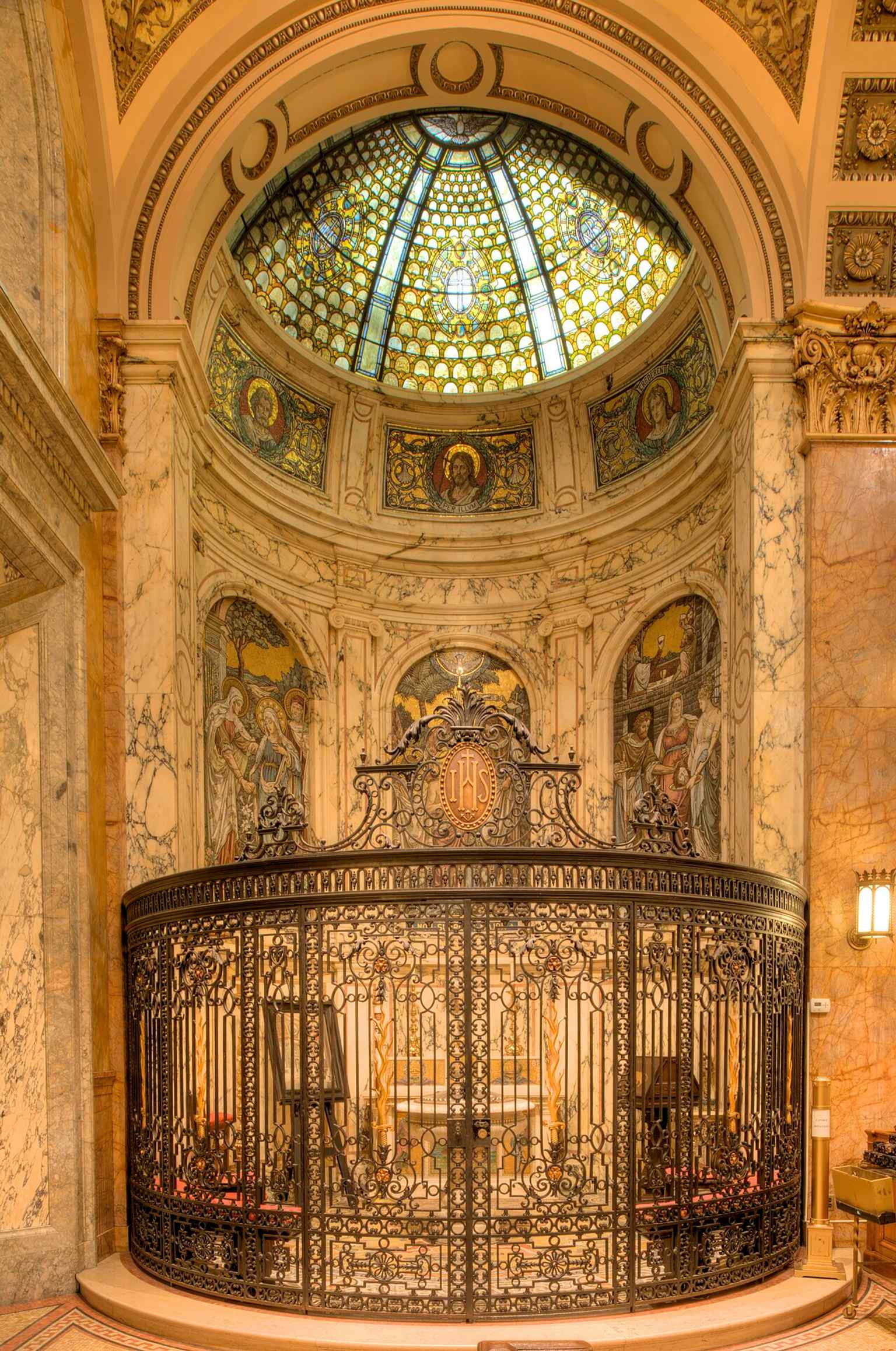 This view looks from the Chancel towards the rear wall of the Nave, showcasing the vast interior space constructed of American, European, and African marbles.