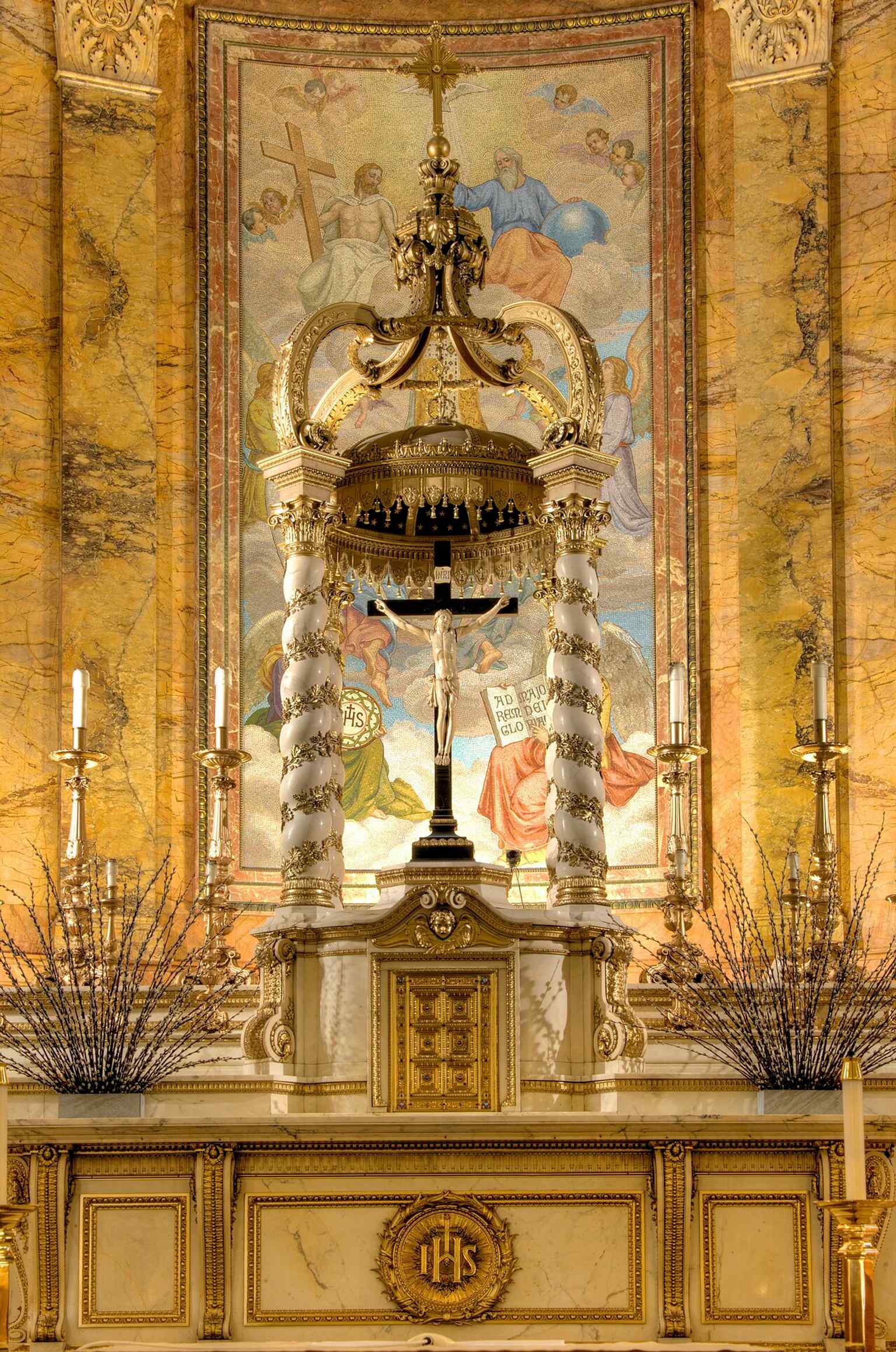 A detailed view of the Baldachin over the Altar, part of the extensive marble work found throughout the church's interior.