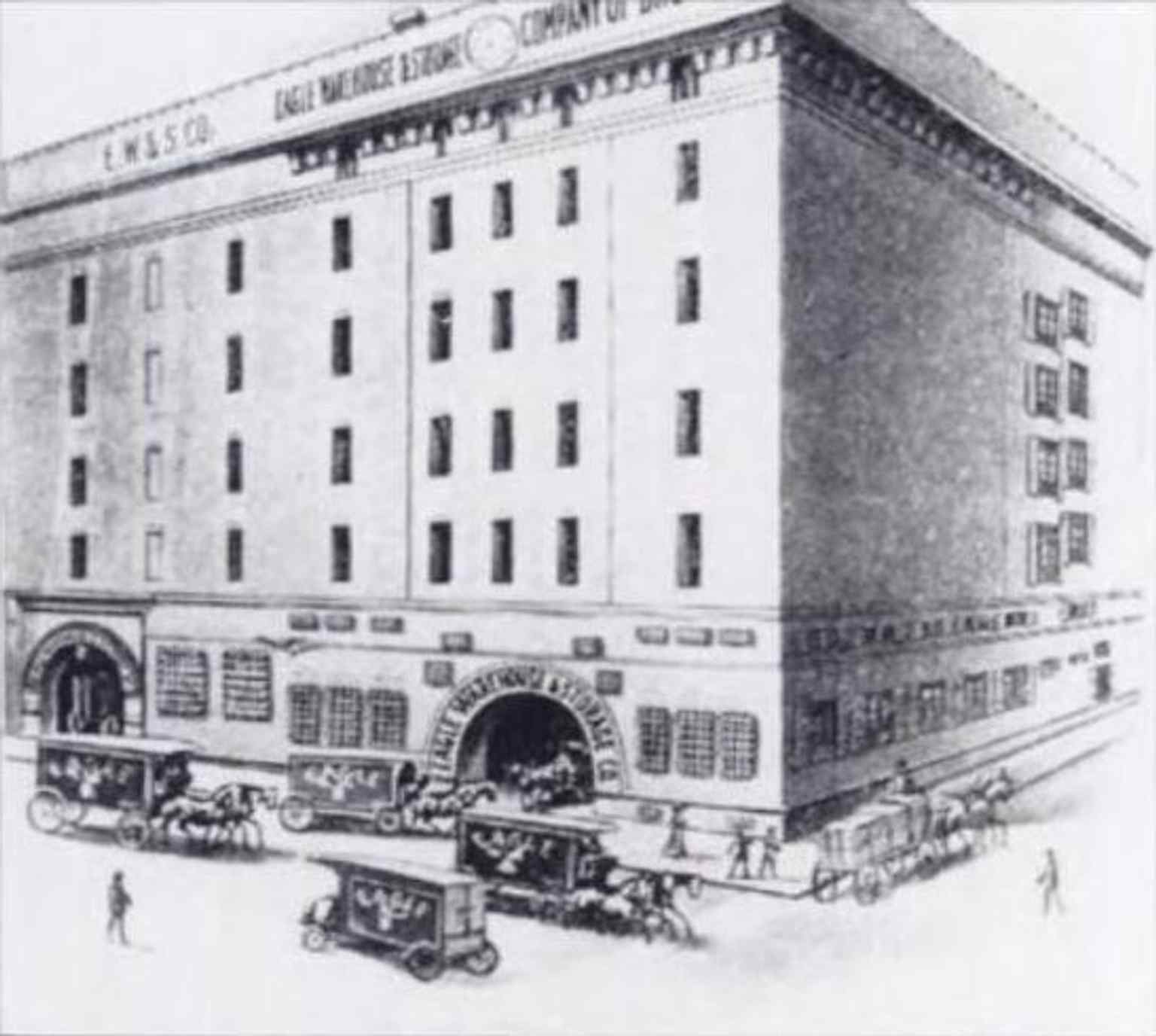 An early 20th-century illustration of the Eagle Warehouse, completed in 1894 by Frank Freeman and described as a 'masterpiece'.