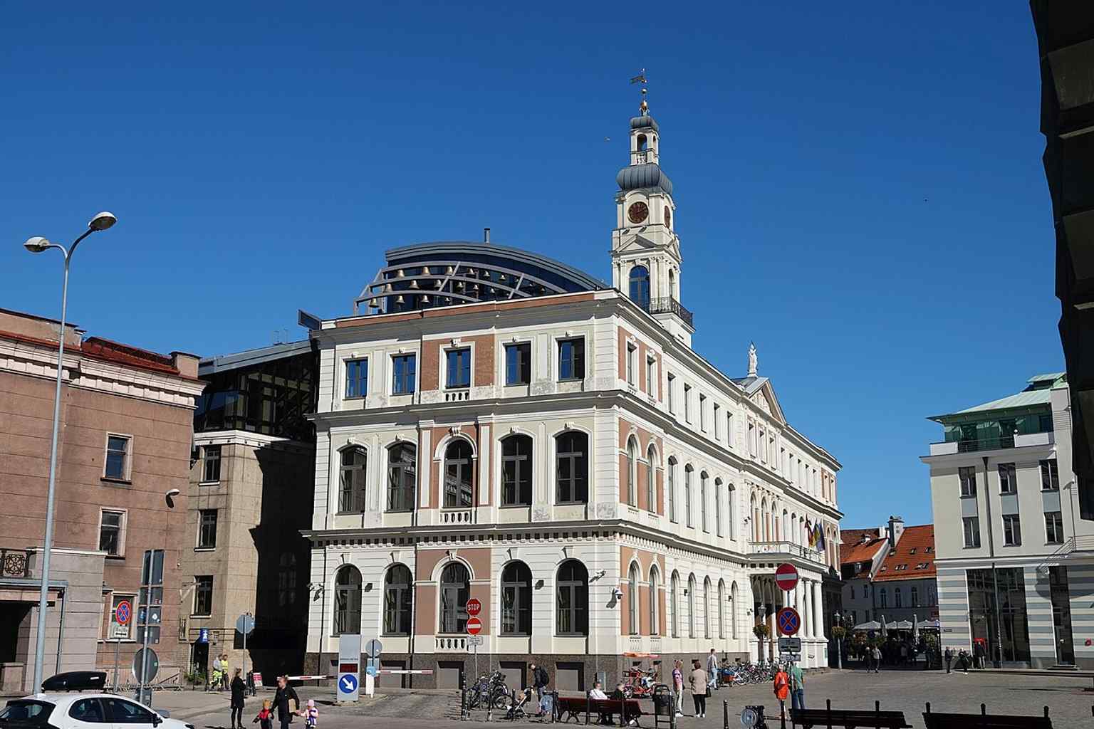 A contemporary full view of Riga Town Hall, showing the reconstructed building that now houses the Riga City Council.