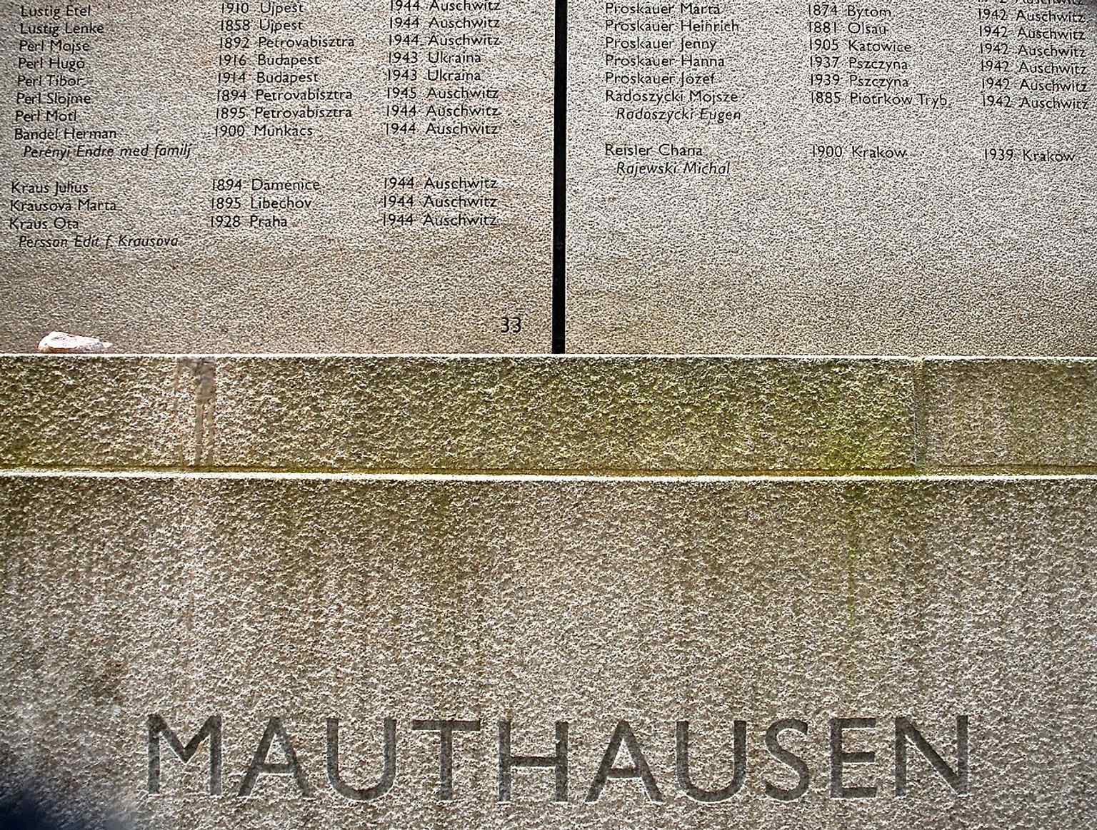 A close-up reveals the thousands of names etched into the Holocaust memorial wall, a unique tribute to those who were murdered while their kin survived in Sweden.