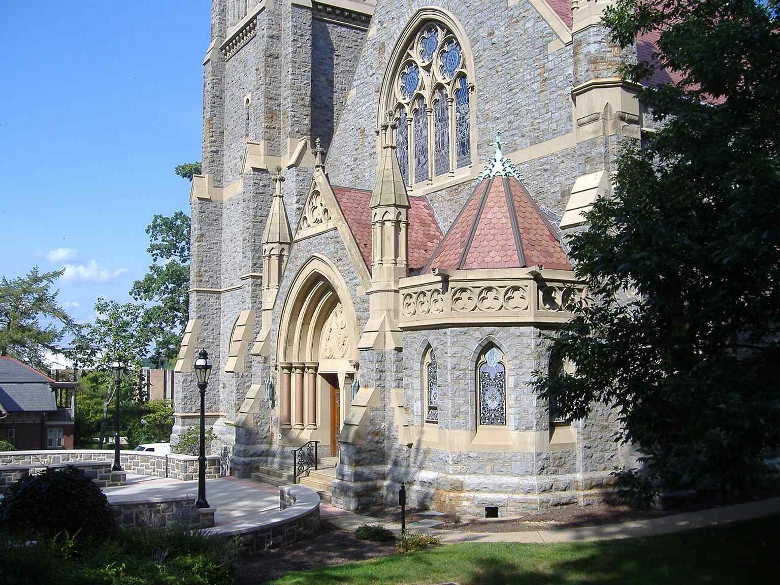 The main entrance of Packer Memorial Chapel, the Gothic campus church Mary Packer Cummings built in memory of Asa Packer.