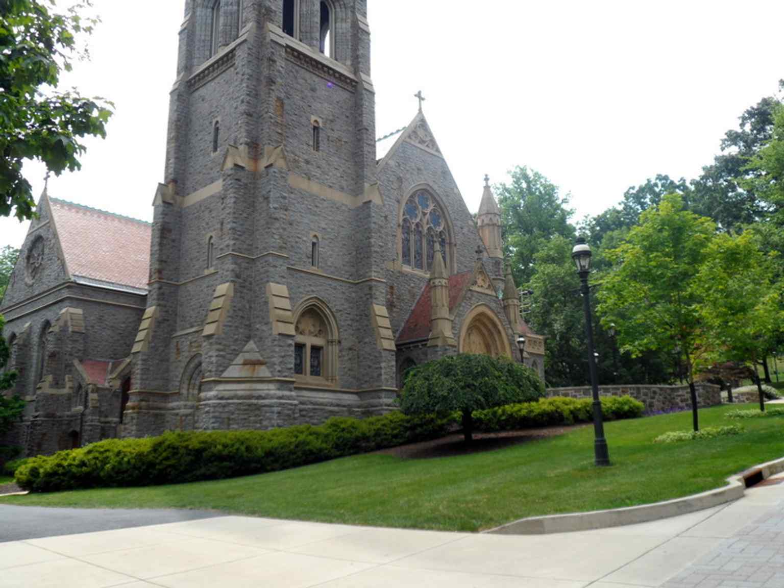 A clear front view of Packer Memorial Chapel at Lehigh University, the historic chapel added to the National Register of Historic Places in 1979.