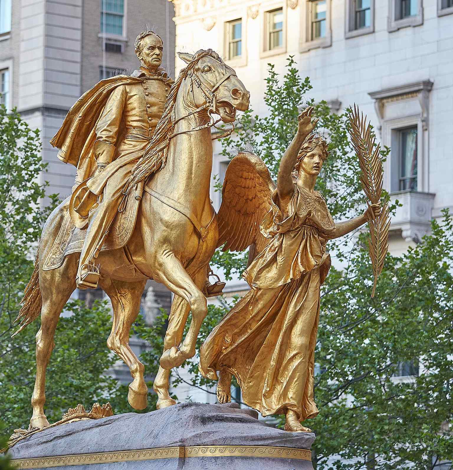 The gilded Sherman equestrian monument with Victory beside him — the plaza’s best-known centerpiece and a major 1903 Saint-Gaudens landmark.