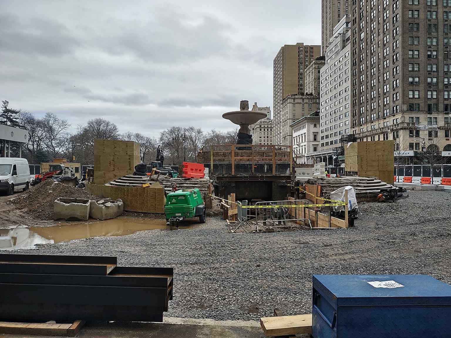 The Pulitzer Fountain’s Pomona statue after removal from its pedestal in 2025 — a rare close look at one of the plaza’s signature monuments.