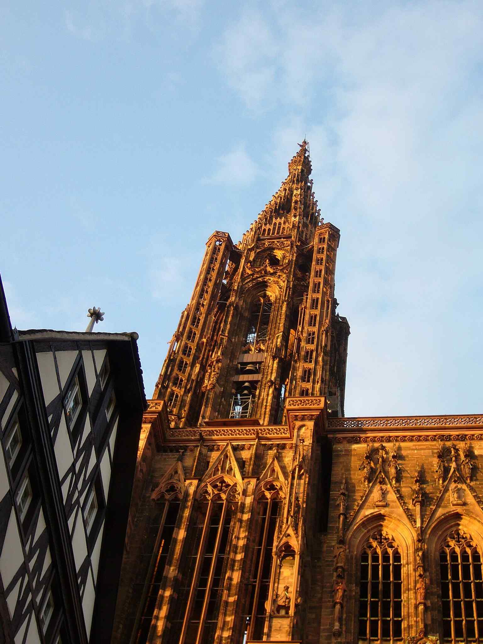 A classic full-height view of the cathedral’s soaring single spire — the landmark that once made Strasbourg the tallest church in the world.