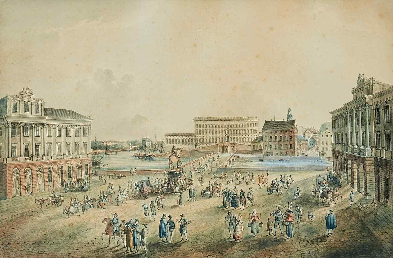 An 1790 artwork by Johan Fredrik Martin, showing the palace ('Prinsessans Palais') alongside the Royal Opera House, as it was designed to be a counterpart.