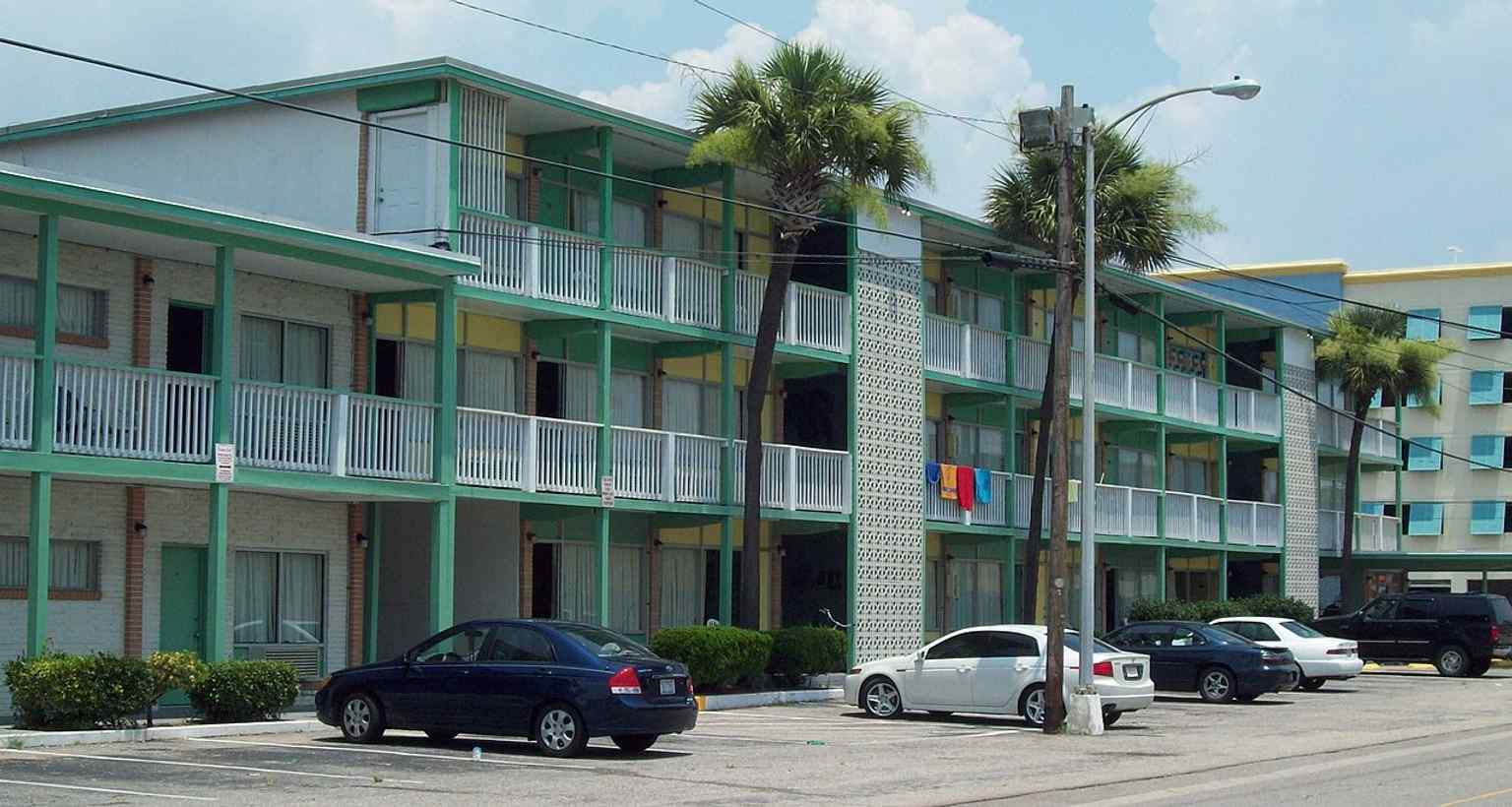 A wide view of Rainbow Court in Myrtle Beach, one of the few surviving low-rise motel complexes that predated Hurricane Hazel.