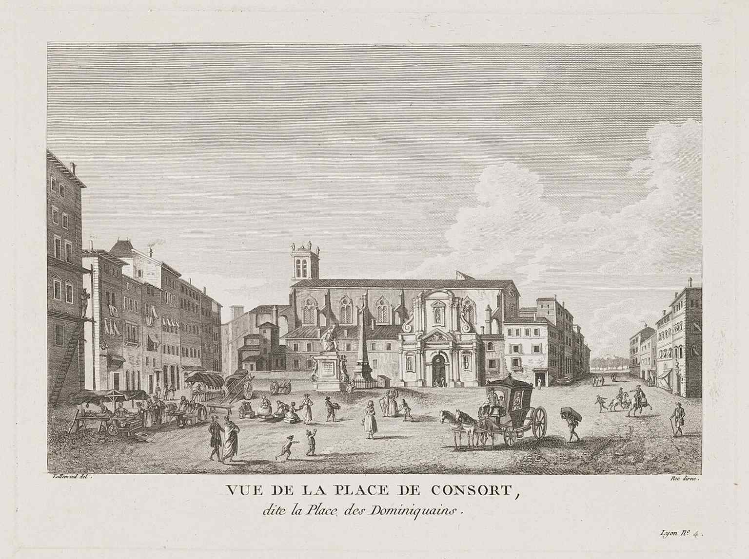An 1786 engraving showing the old Place Confort, before it became Place des Jacobins, with Lyon’s medieval riverside skyline in the background.