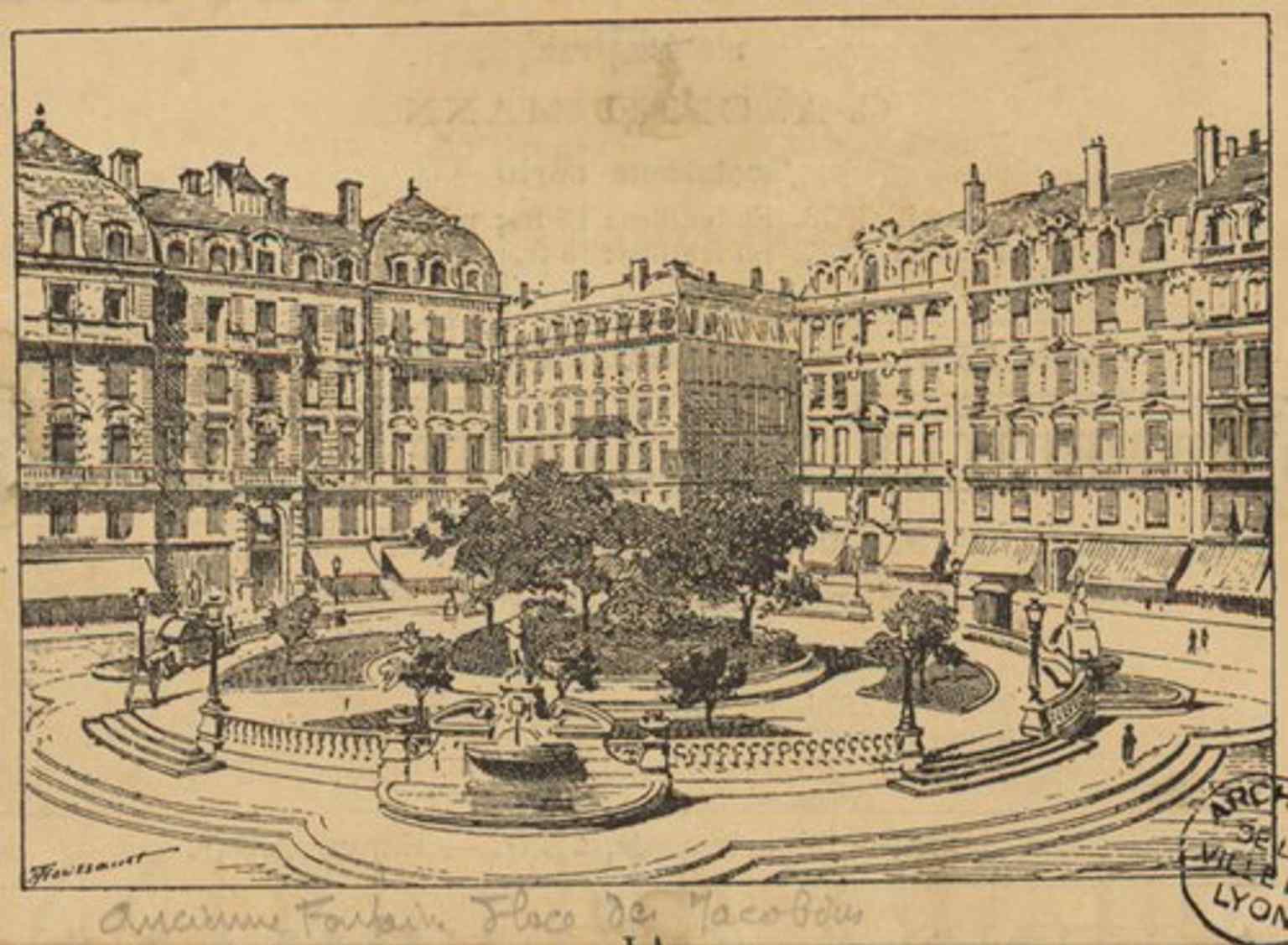 An 1870 engraving of the former fountain on Place des Jacobins, capturing the square just before its major transformation.