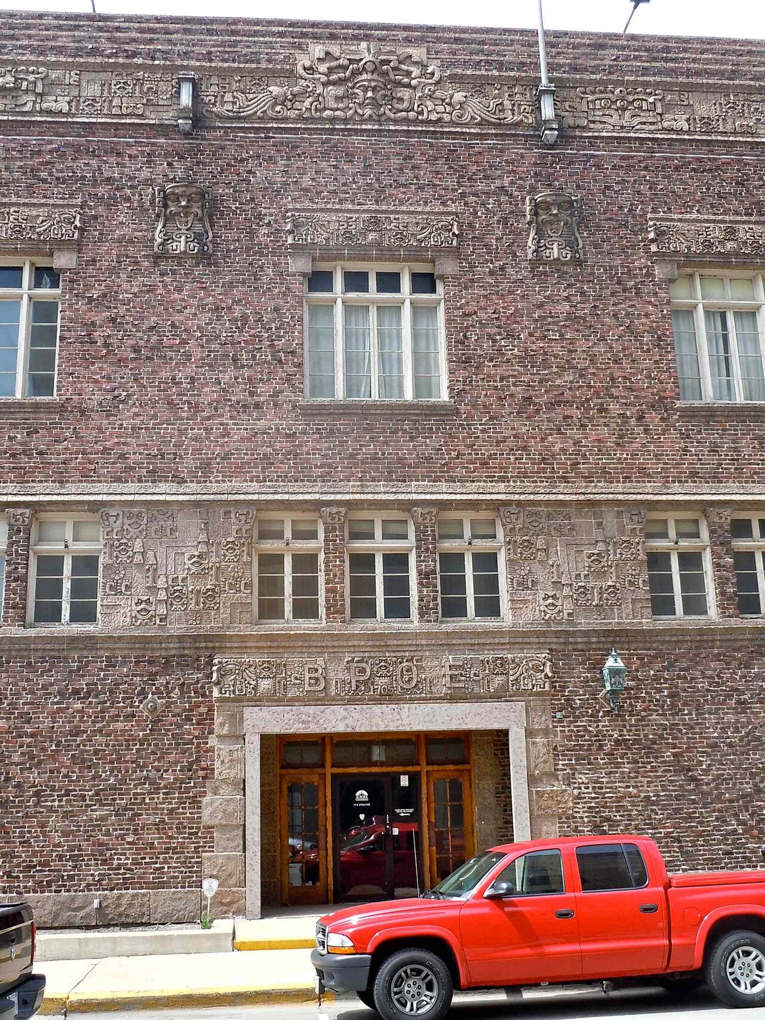 A full view of the Mayan Revival Elks Lodge on Stolp Island, built in 1926 and known for its unusual clinker-brick exterior.