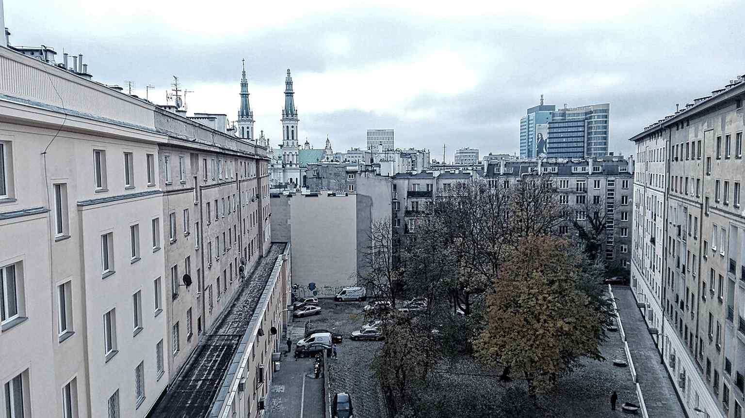 The courtyard of Hotel MDM, a reminder that the square was planned as part of a self-contained workers’ district.