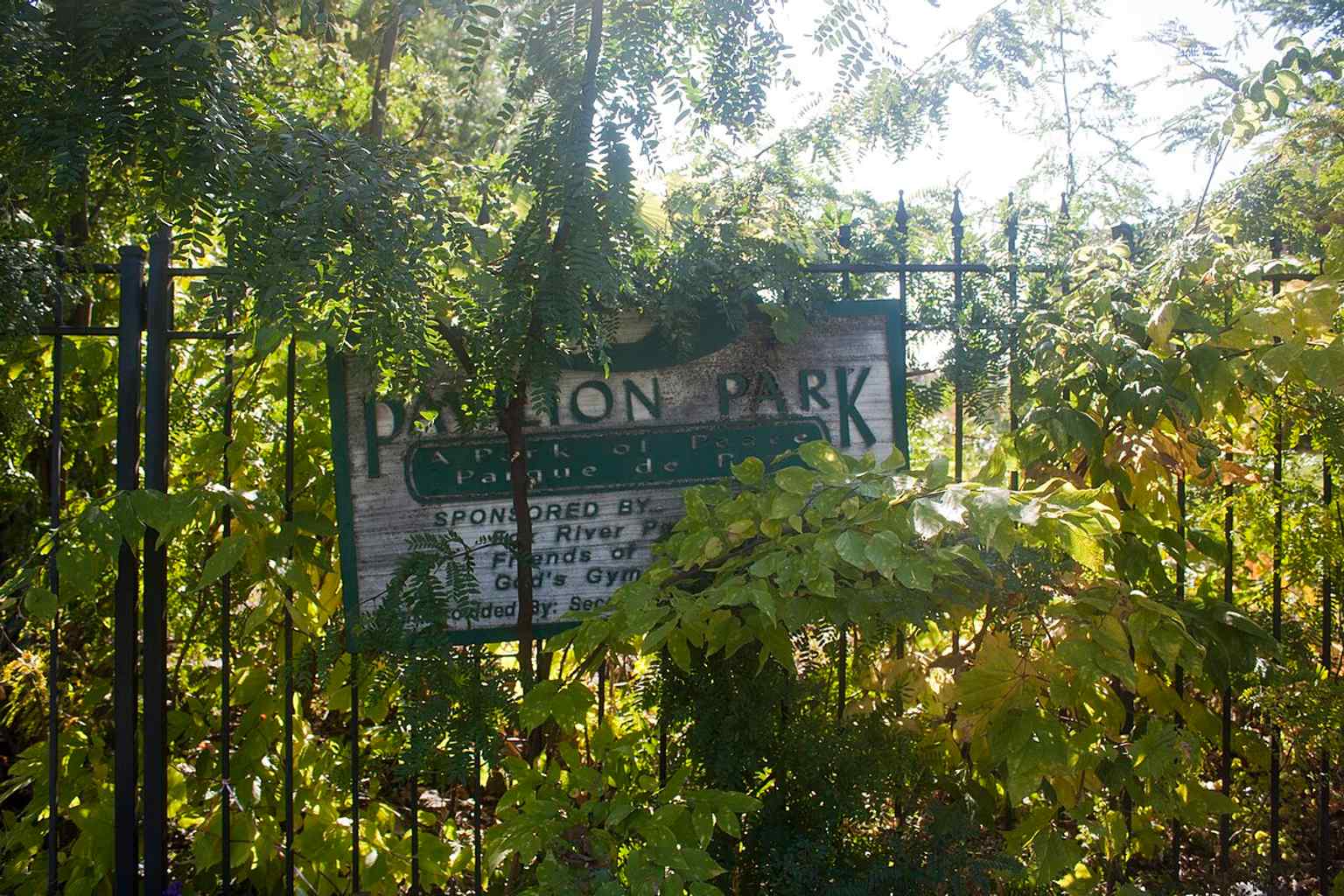 A plant-covered fence sign behind the hospital, a small on-site detail that helps place the building at its Aurora location.
