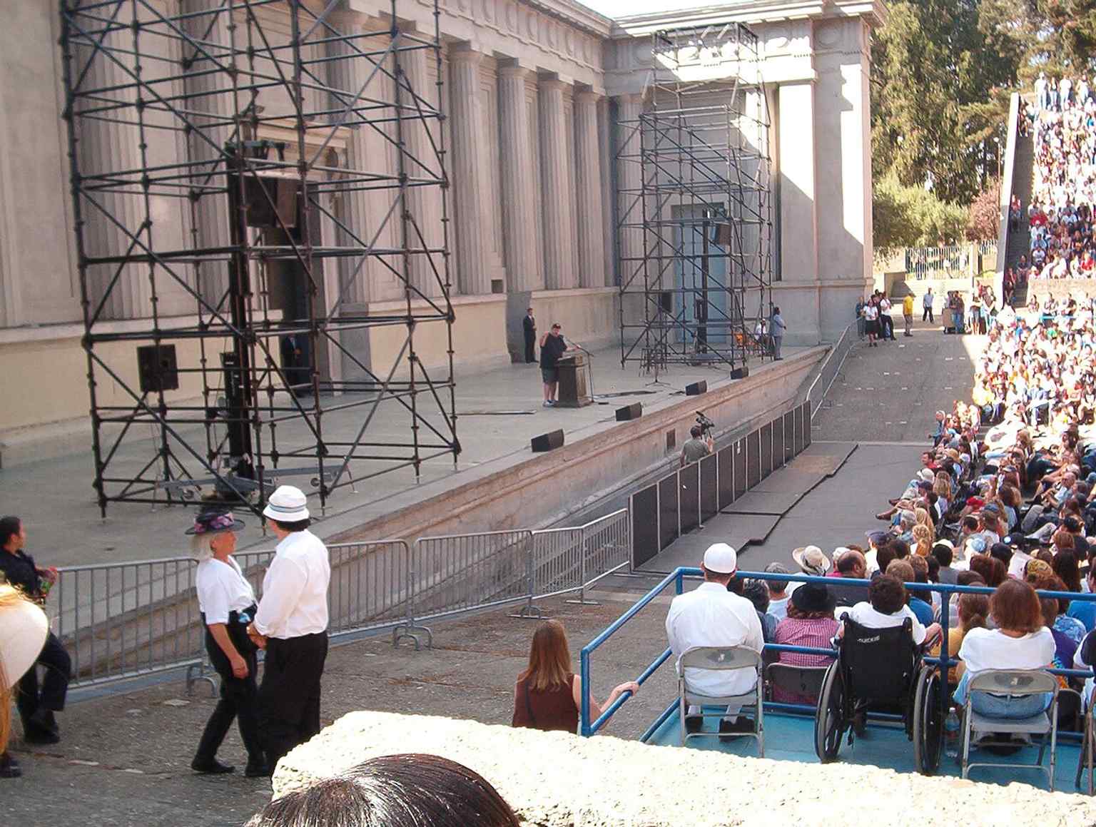 Michael Moore addressing a packed Greek Theatre shows the venue’s continued use for major public talks and campus gatherings.