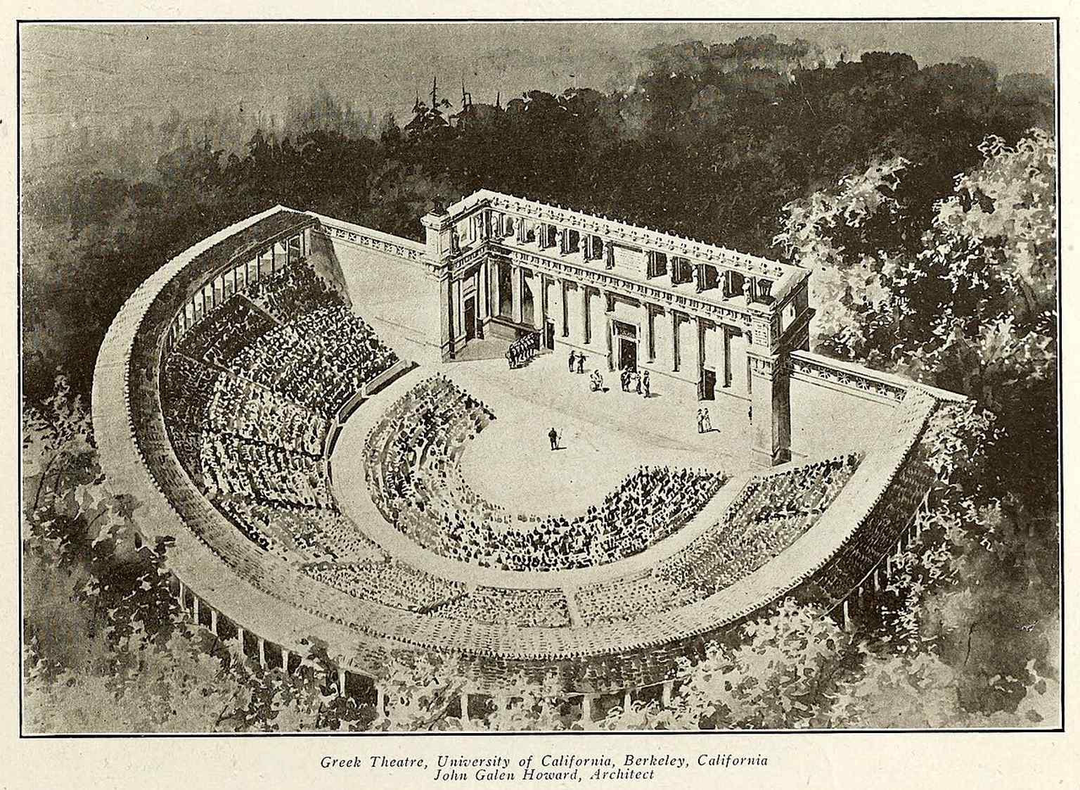 John Galen Howard’s original sketch reveals the grander early vision for the theatre, including the colonnade and formal garden that were later scaled back.