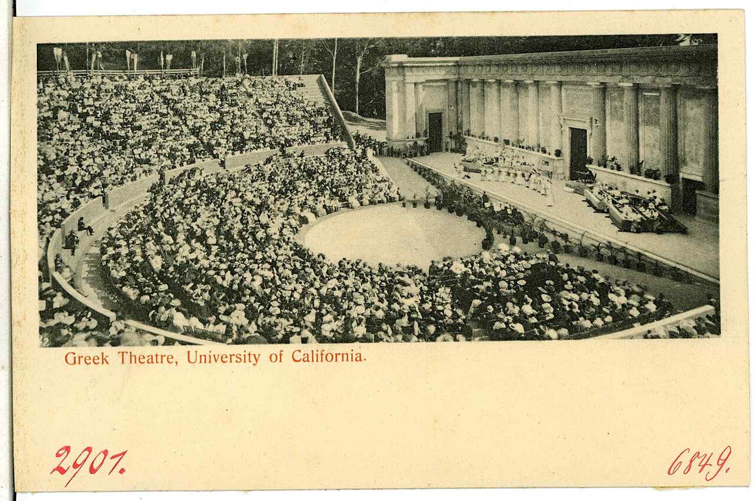 A 1905 postcard view captures the Greek Theatre soon after completion, just after it opened with student performances in 1903.