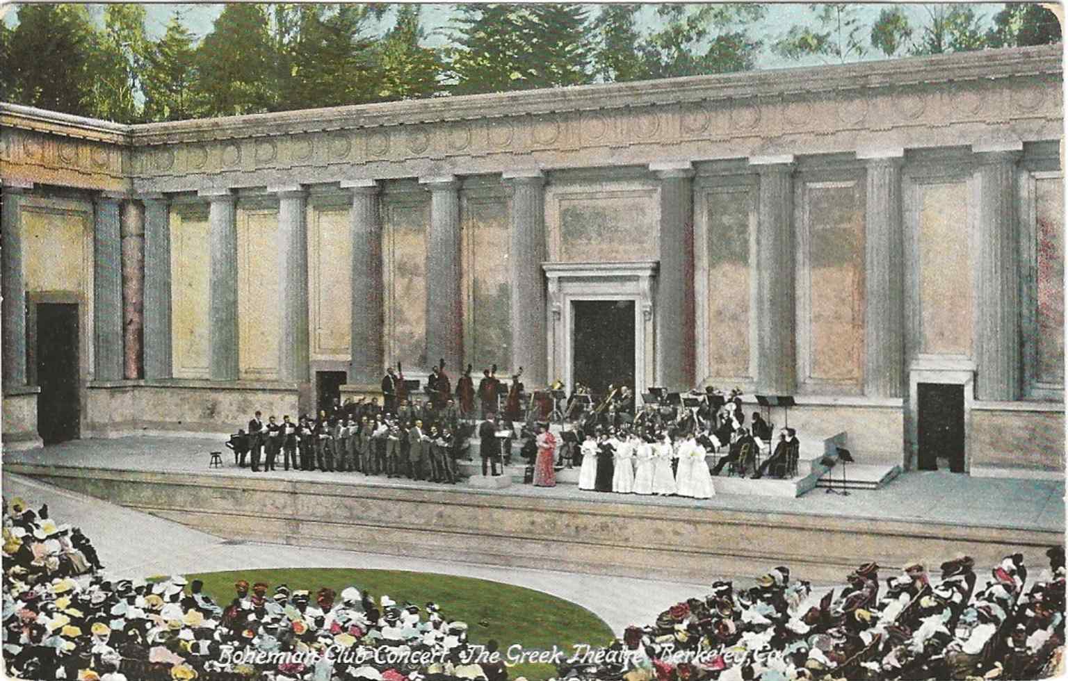 This ca. 1910 postcard of the Greek Theatre reflects its early reputation as a scenic campus amphitheater for concerts and gatherings.
